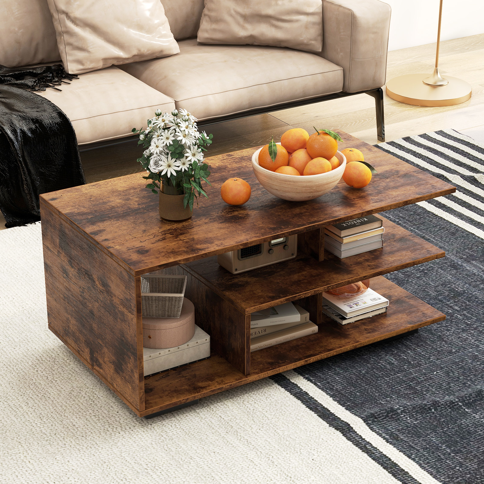 Coffee Table With Storage, Modern Rectangular Center Table With L-shaped Middle Shelf
