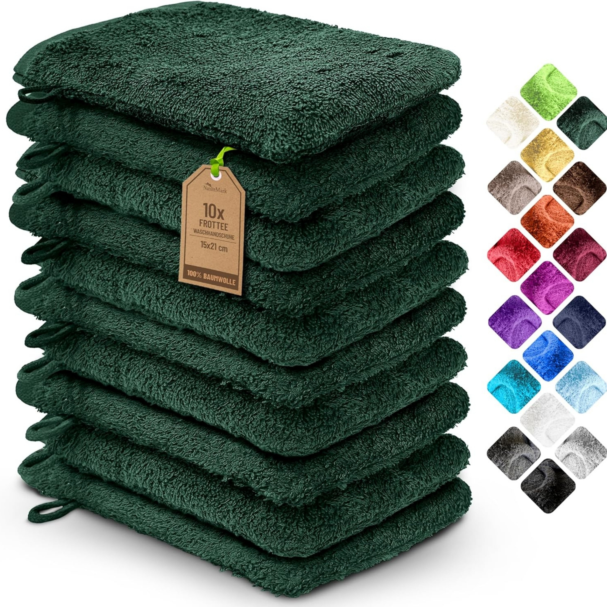 Image of Naturemark 10pcs Set Ofwash Gloves Dark Green With Hanging Loop Bathroom Soft And For The Skin, Matching Hand Towels Shower Towels Guest Towels Sauna Towels In