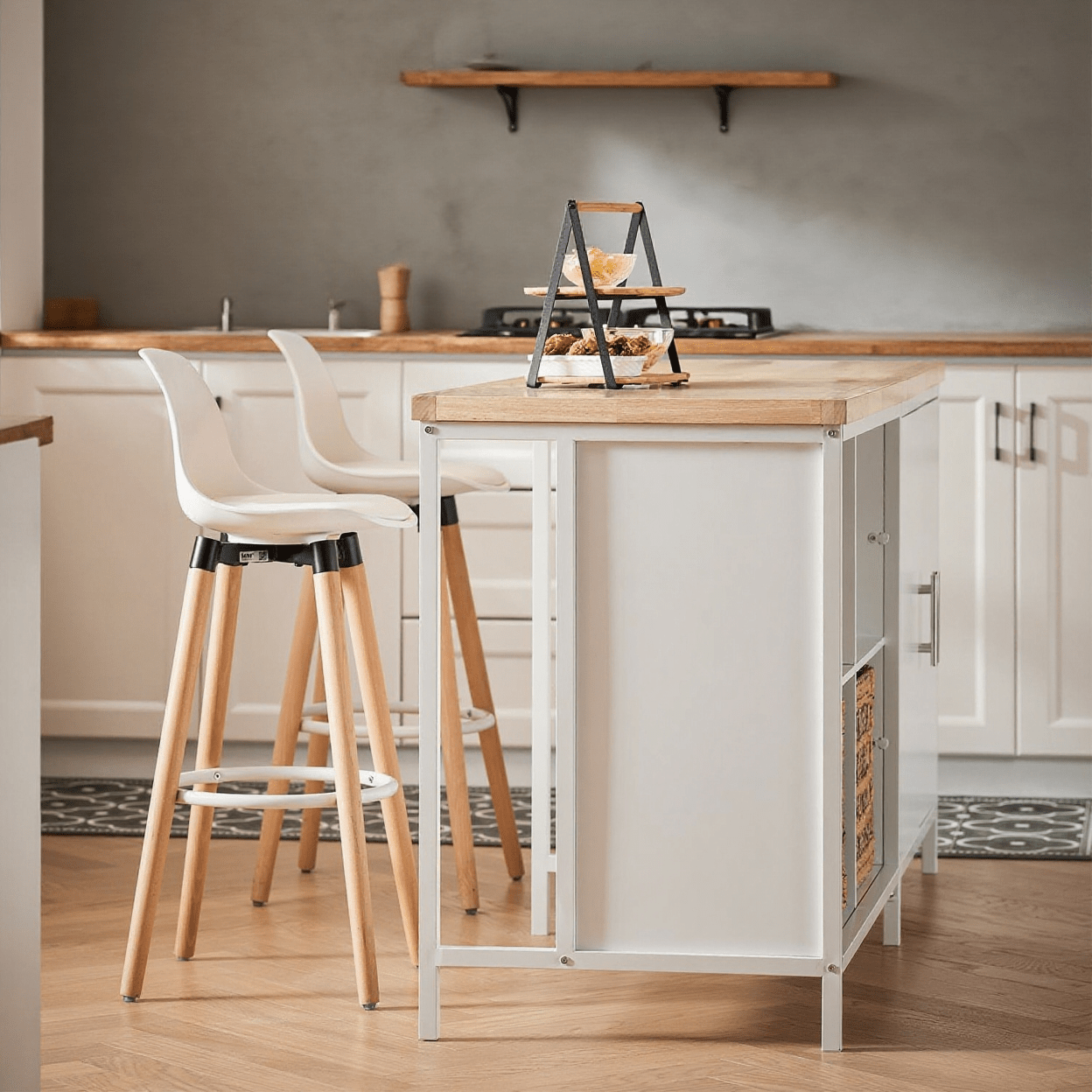 Image of 1pc Island With Wood Worktop, Sideboard, Kitchen Cabinet With 2 Doors, 4 Compartment Cubes, 170x60x89 Cm, White Knl09-wn - Lom20-xo