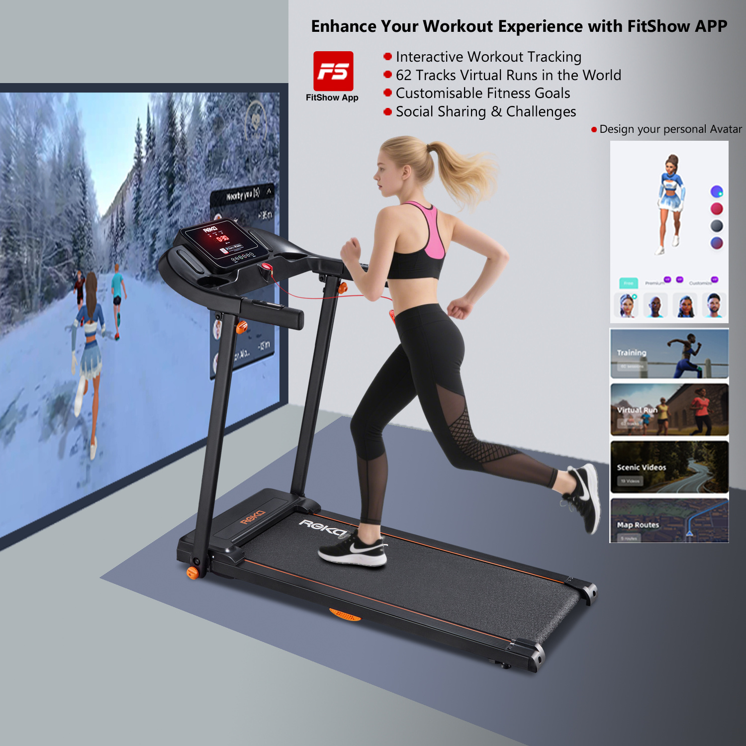 REKA Fitness Walking Pad / Running Treadmill – 2.5HP, 12 km/h Speed, Heart Rate Pulse Sensors, Dual Speakers and APP Control – Home or Office