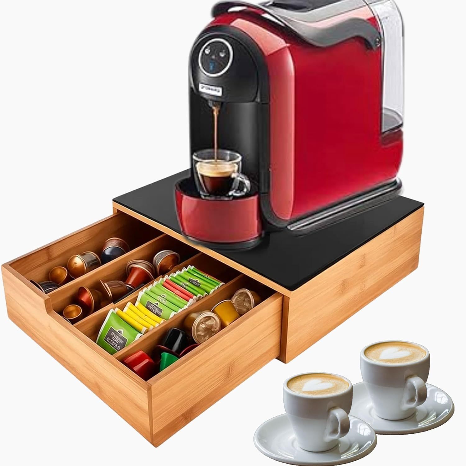 Cecaro Group Bamboo Pod Holder With Drawer – Elegant Organizer For Pods, Capsules, And Tea Bags