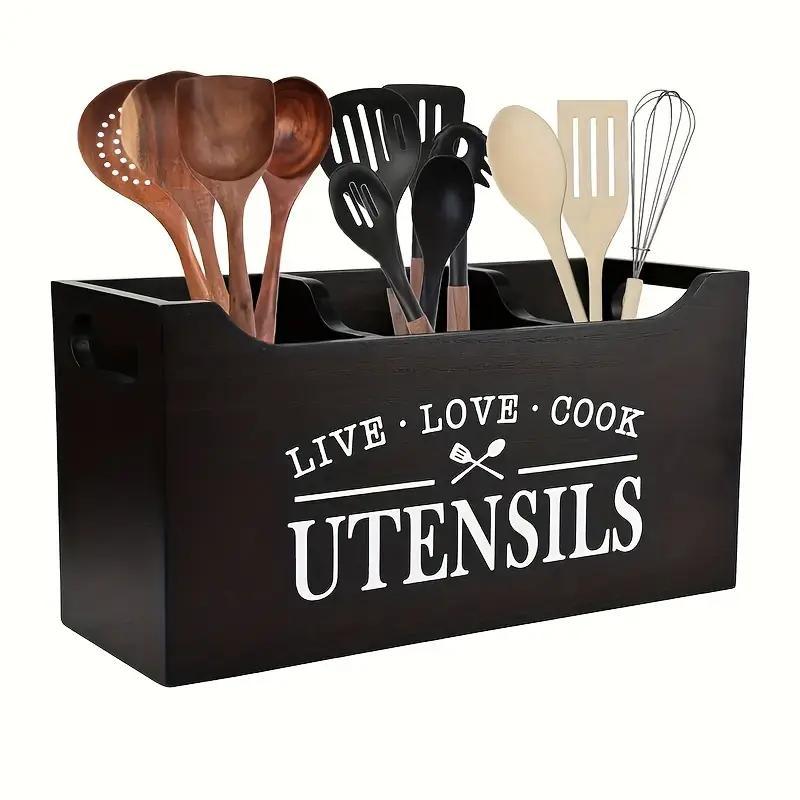 TEMU Kitchen Utensils Holder With Drainage Bottom | Large 3 Compartments Solid Utensil Organizer For Kitchen Counter, Farmhouse Cooking Tools Storage