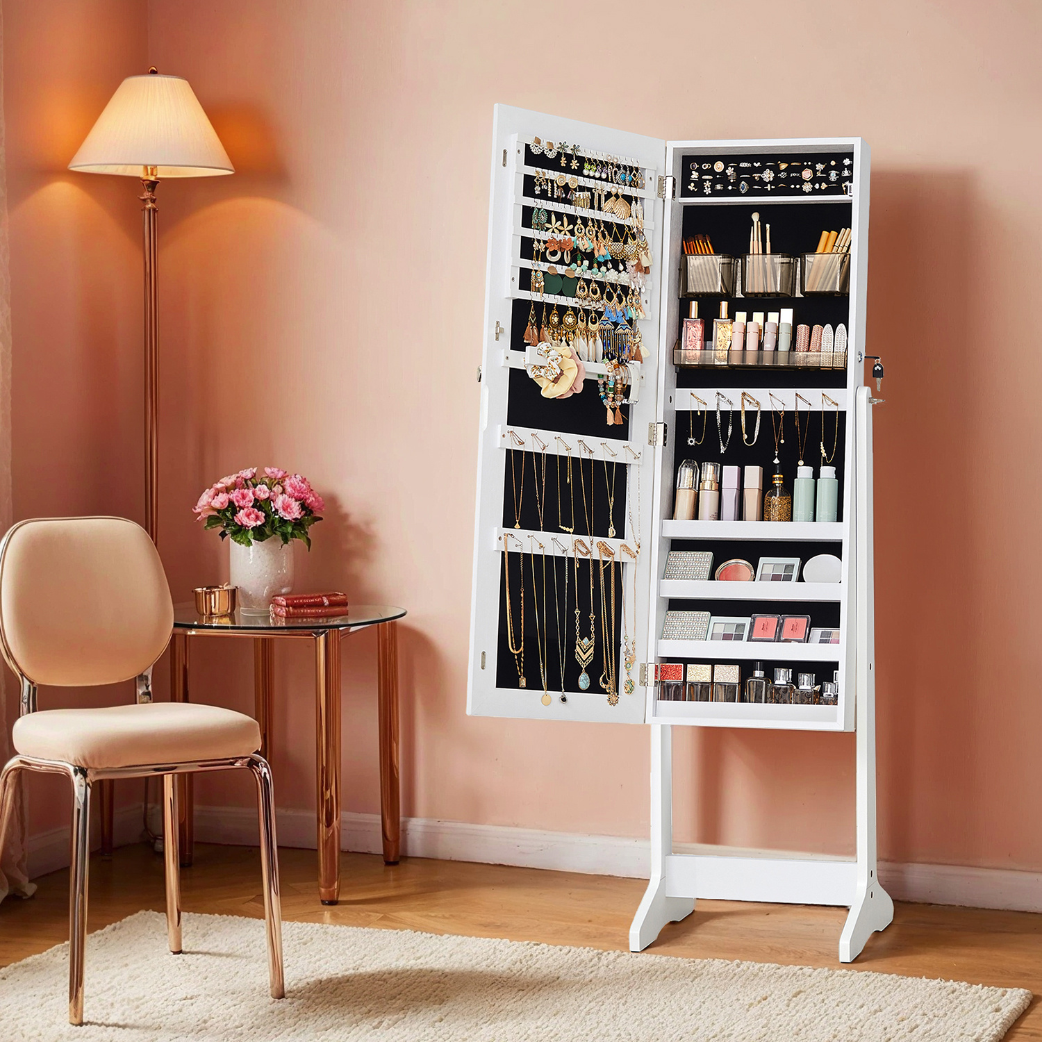 Jewelry Cabinet, Standing Mirror Cabinet, Storage Organizer, With 2 Separate Makeup Organizers, Frameless Full-body Mirror, Lockable, For Chains, Earrings, Rings, Makeup, Watch Storage, , White.