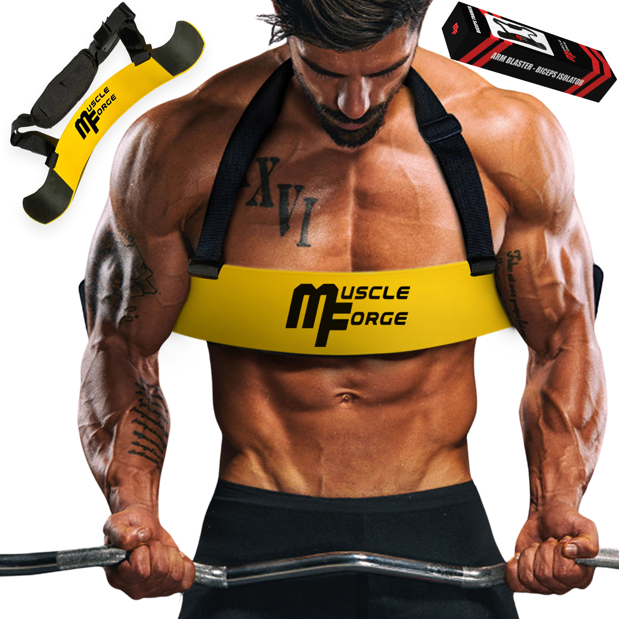 Arm Blaster, Bicep Isolator For Precise Training - Bicep Isolation, Bodybuilding, Strength Training, Adjustable Straps On The Shoulder, Steel, Unisex, Yellow