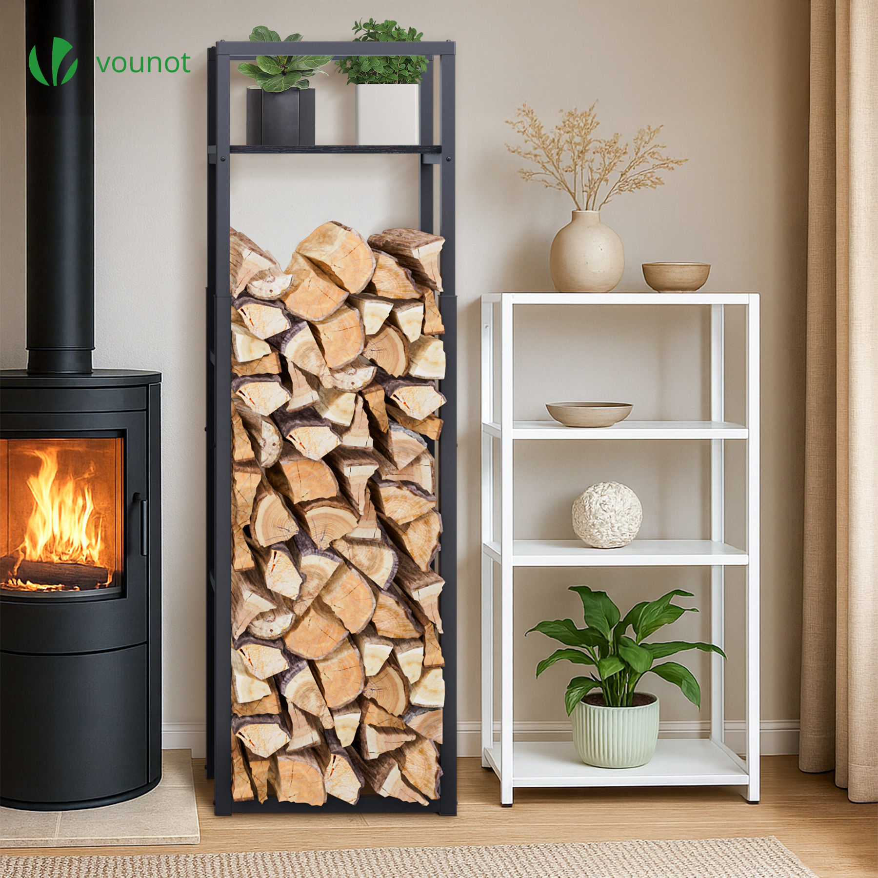 TEMU VOUNOT Range Bûches de Bois Vertical Télescopique en Métal 45x32cm avec Étagère Intégrée - Porte Bûches Réglable sur 3 Niveaux 120/145/170cm