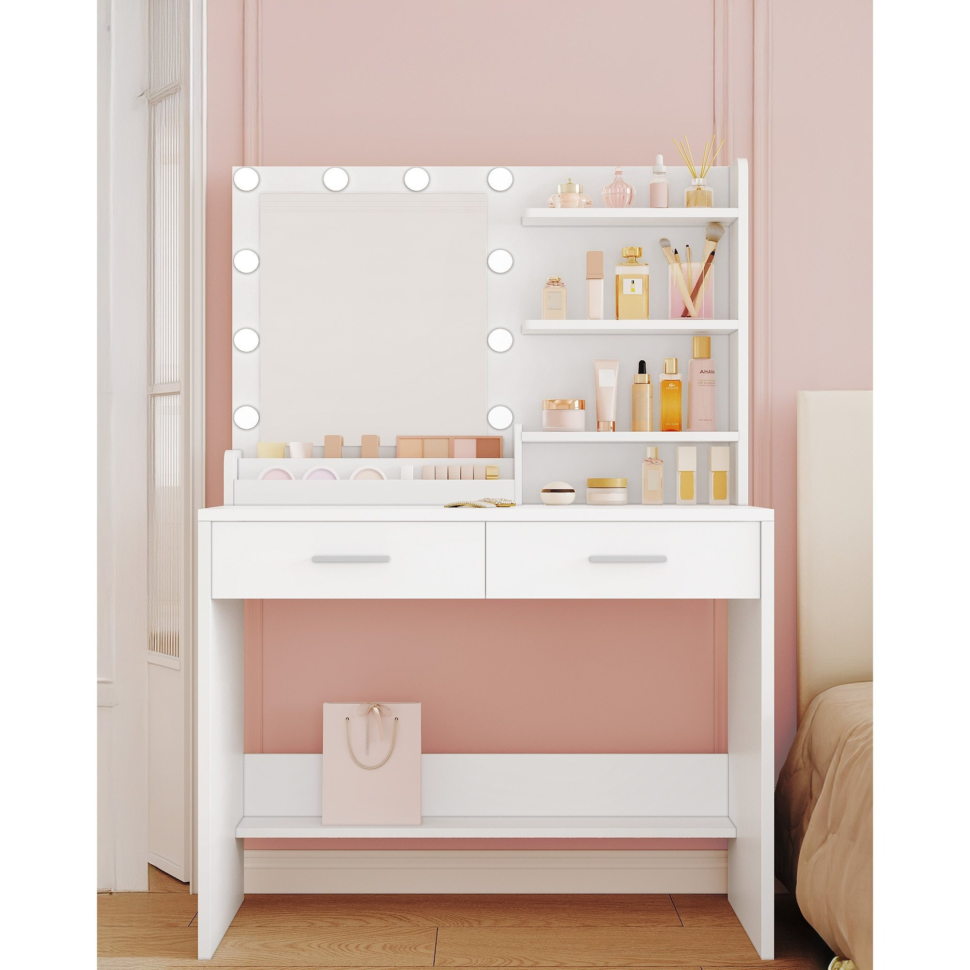 Image of 90cm Makeup Vanity With Mirror, Dressing Table With Light, 3 Adjustable Brightness Levels, With 2 Drawers, 4 Open Shelves, And 2 Compartments, Bedroom Makeup Vanity, Modern, White