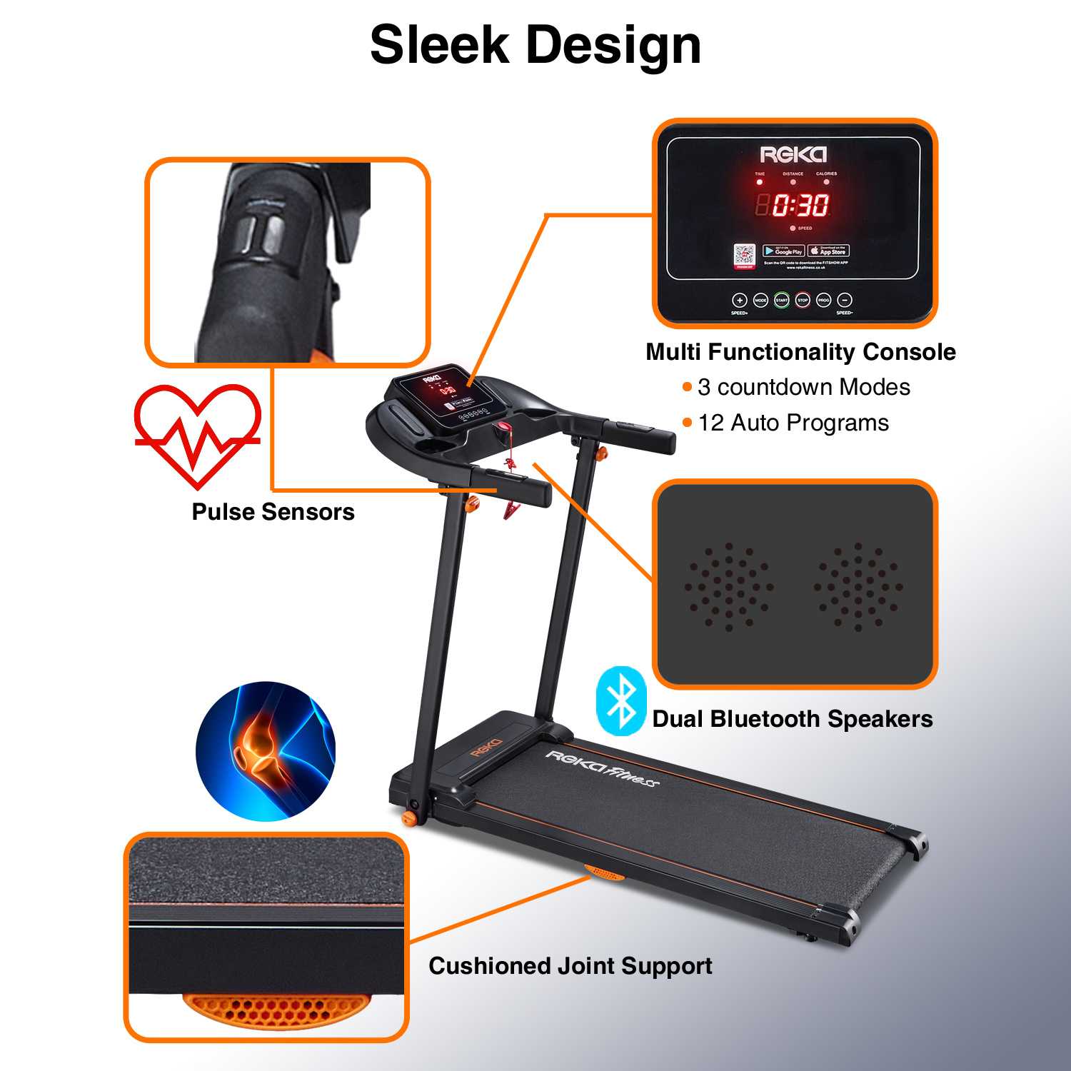 REKA Fitness Walking Pad / Running Treadmill – 2.5HP, 12 km/h Speed, Heart Rate Pulse Sensors, Dual Speakers and APP Control – Home or Office