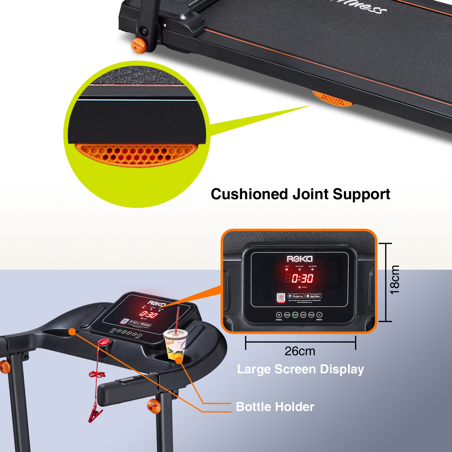 REKA Fitness Walking Pad / Running Treadmill – 2.5HP, 12 km/h Speed, Heart Rate Pulse Sensors, Dual Speakers and APP Control – Home or Office