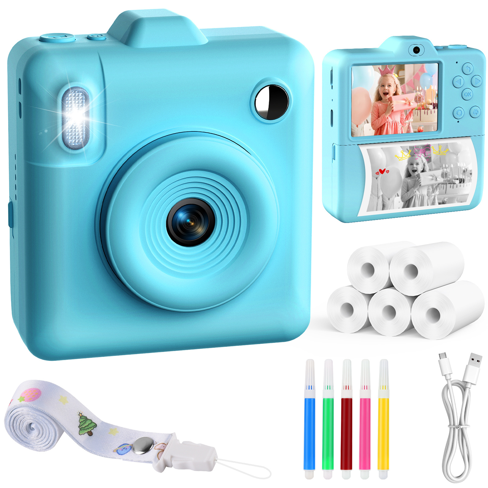 Image of Kids Camera Instant Print - Dual-lens 1080p Hd Video Children Cameras 2.4" Instant Camera For Kids 5 Rolls Photo Paper Christmas Birthday Toys For Girls Boys