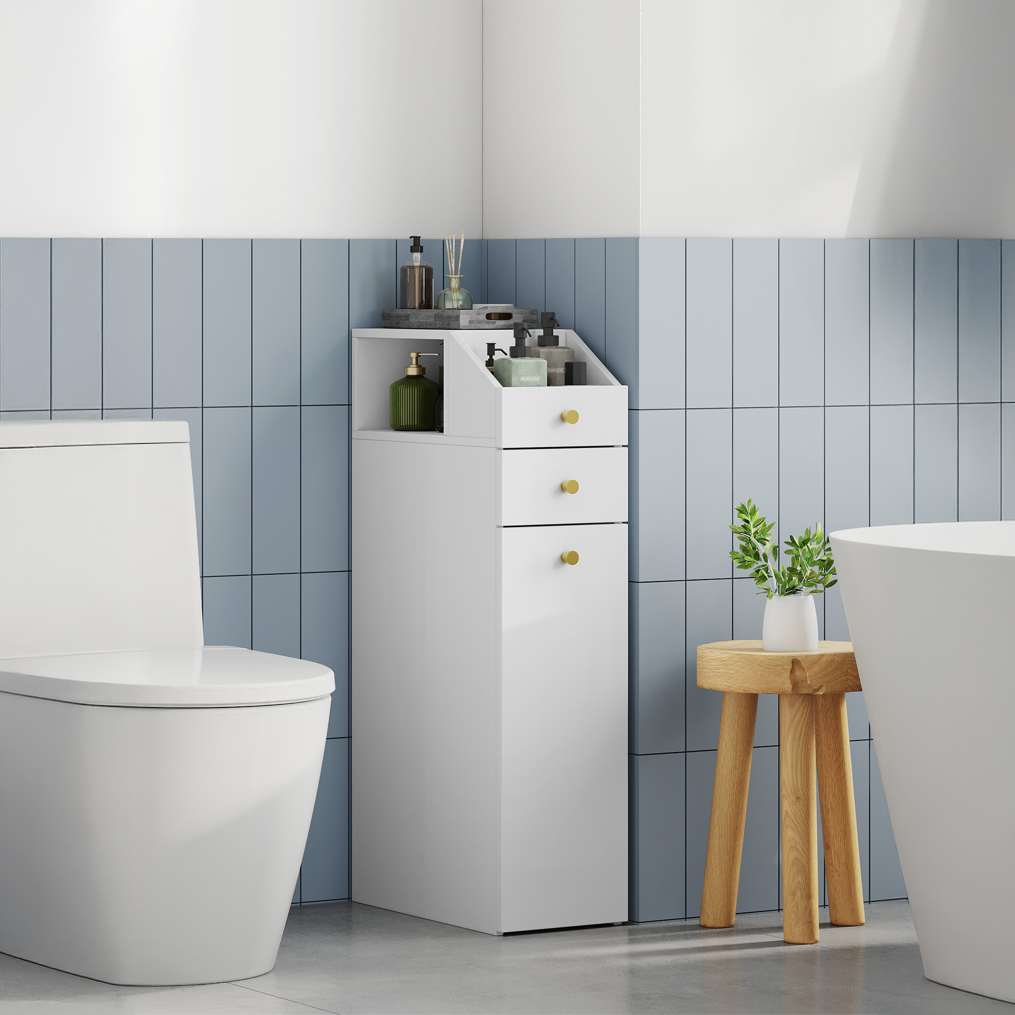 Image of Bathroom Cabinet Small, Narrow Bathroom Cabinet, Small Cabinet For Toilet Paper, Toilet Cabinet With Drawers, With Drawer On Wheels, 40 X 20 X 80 Cm White