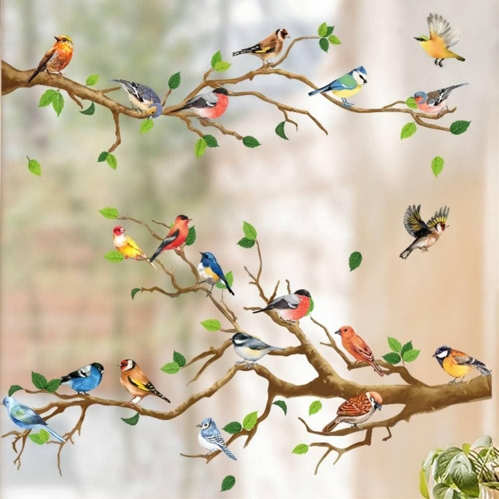 TEMU Window Stickers, Spring Flower, Bird, , Reusable Diy Window Decals, Flower Tree Branches, Double-sided, Anti-collision, Non-adhesive, Office