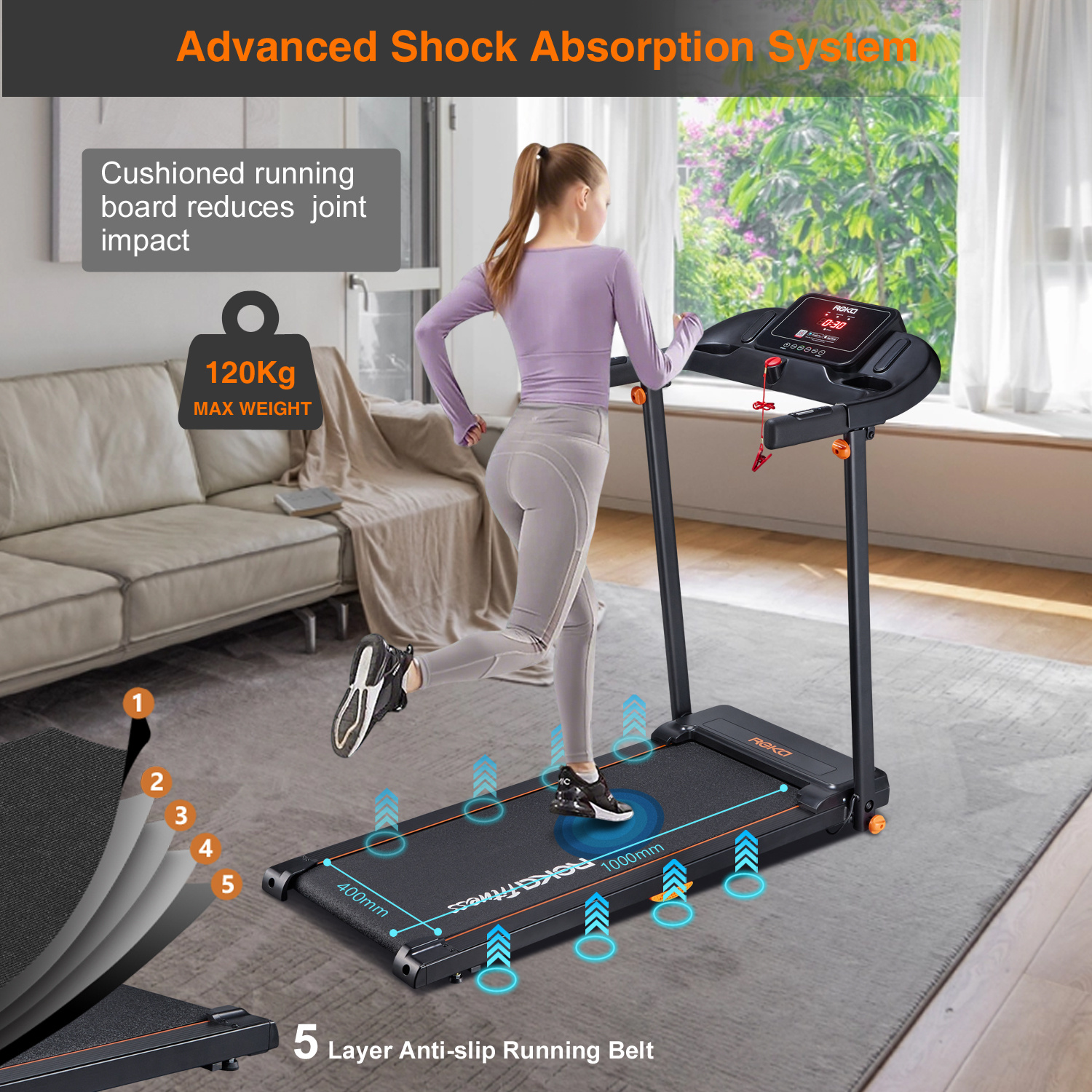 REKA Fitness Walking Pad / Running Treadmill – 2.5HP, 12 km/h Speed, Heart Rate Pulse Sensors, Dual Speakers and APP Control – Home or Office