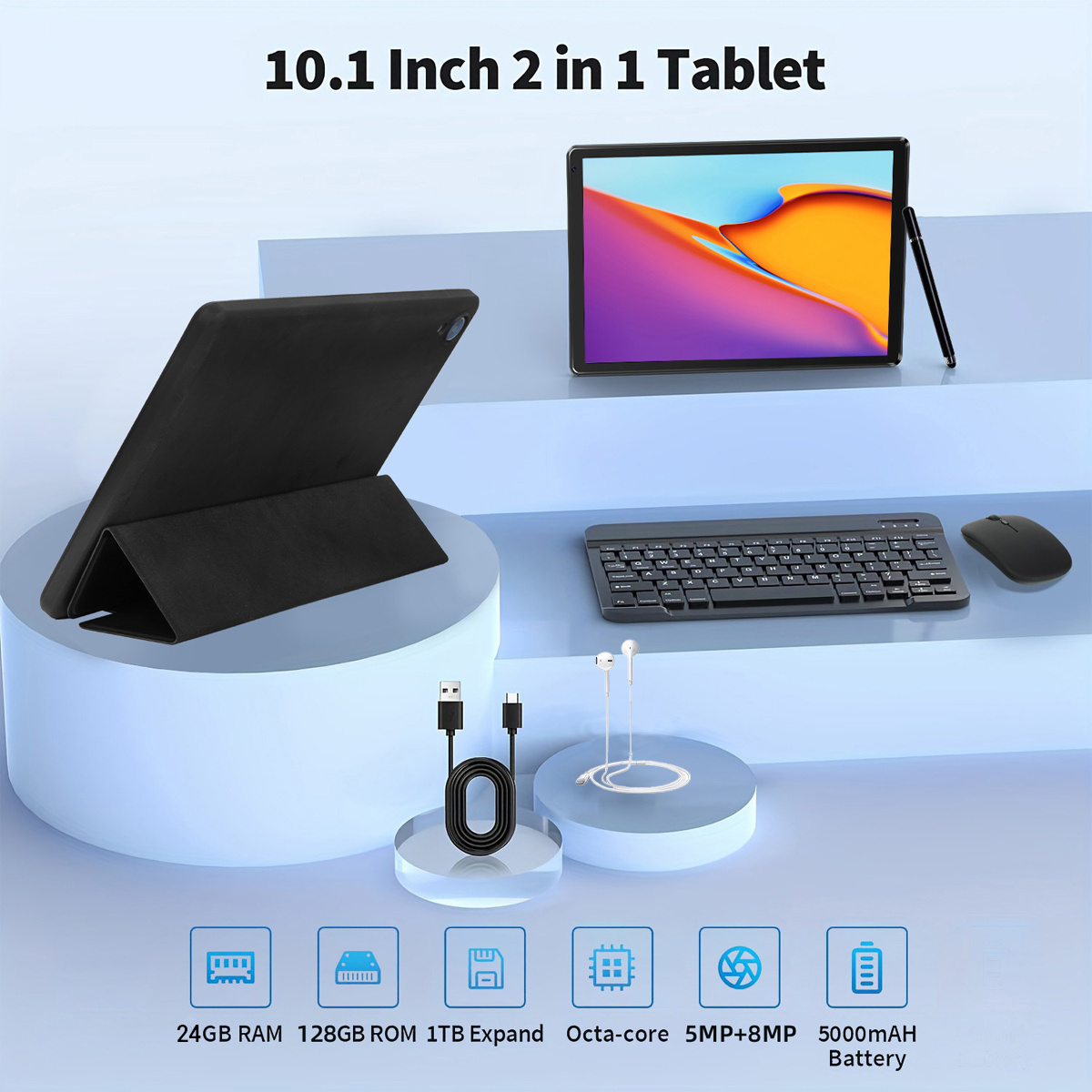 10.1 Inch Android 15 Tablet, Android Tablet, 24 (4+20)GB RAM, 128GB ROM,1TB Expandable, Face lD Unlock, Octa-Core, 5000mAh Battery, 5MP+8MP Dual Cameras, Keyboard,Mouse,Case,Stylus pen, NEW Tablet, Black