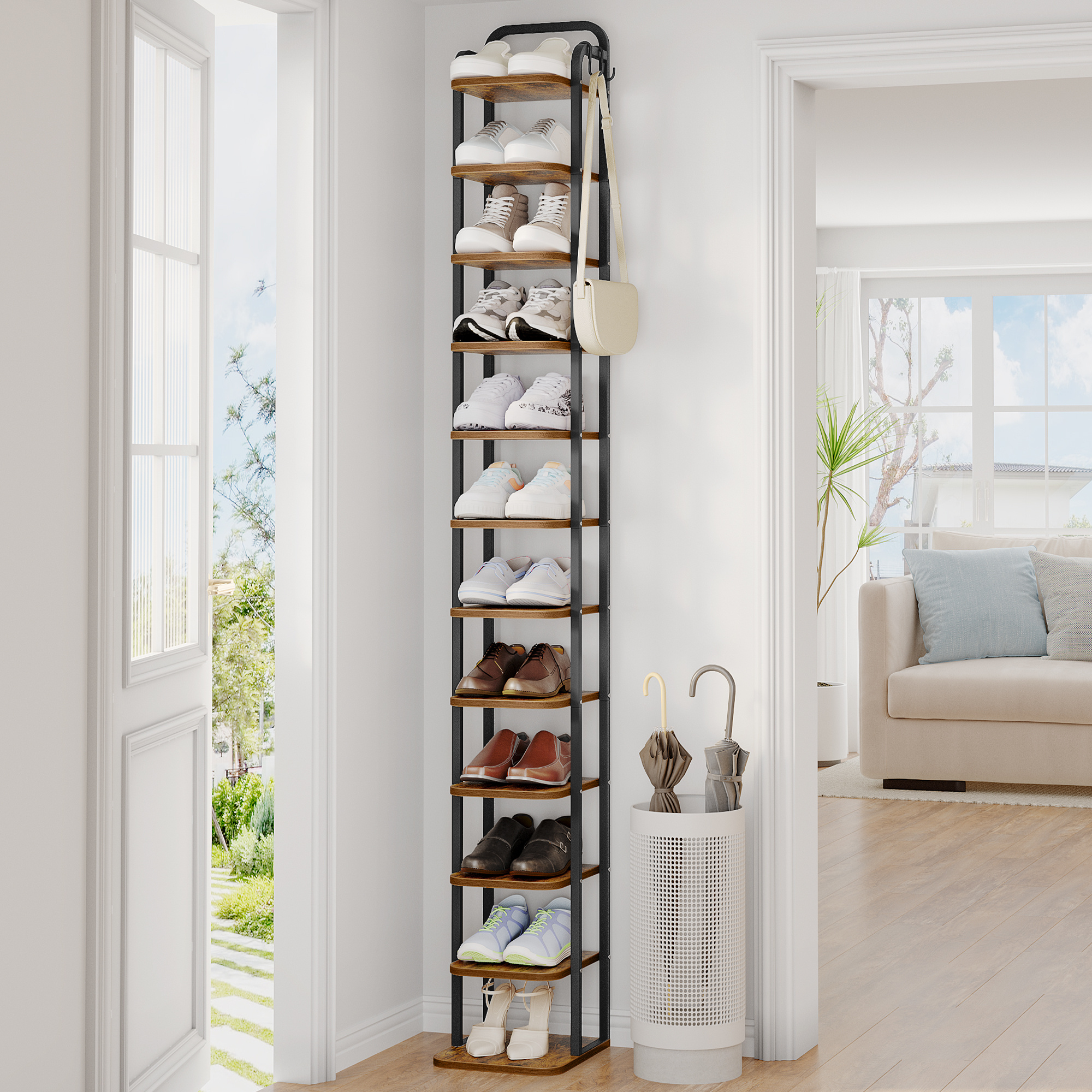 E-shop Vertikales Schuhregal, 12-Stockige Schuhregale, Schuhturm für kleine Räume, Freistehend, Verstellbar, Platzsparend, Braun und Schwarz