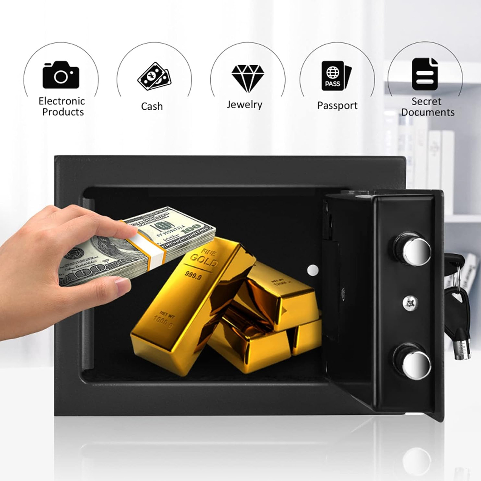 Digital Electronic Cash Money Safe Box Money Safety Wall Box Alloy Steel Safe High-Security Compact Household Cabinet Safes for Home/Business Cash Deposit Box Office Home Safe Password Key Anti-theft Safe Box
