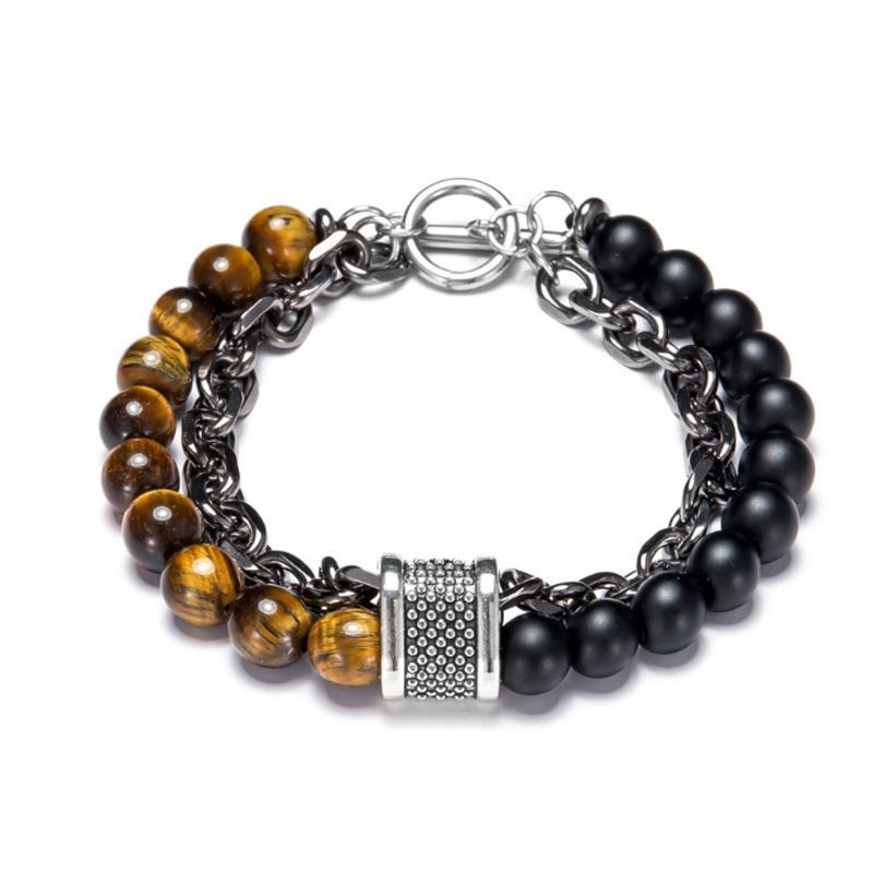 TEMU Men's Bracelet With Eye & Obsidian Beads – Double Chain Design, Natural Stone Bracelet, Fine Jewelry Gift For Men For Valentine's Day, In Gift
