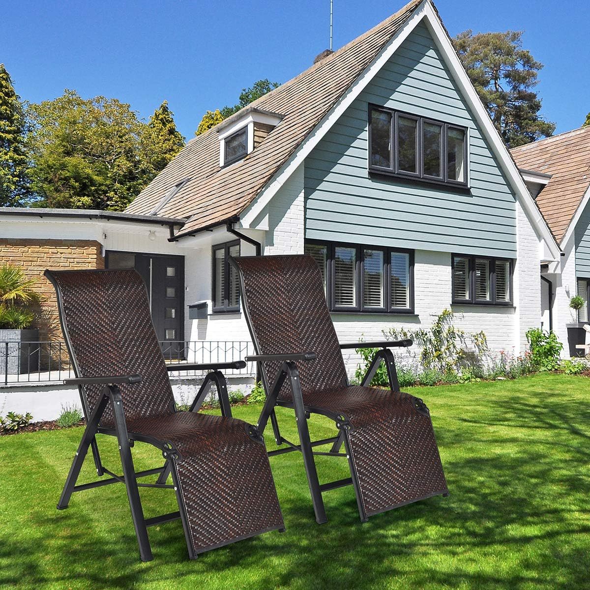 Image of Set Of 2 Folding Pe Rattan Lounger With Armrests, Sun Lounger With Adjustable Backrest