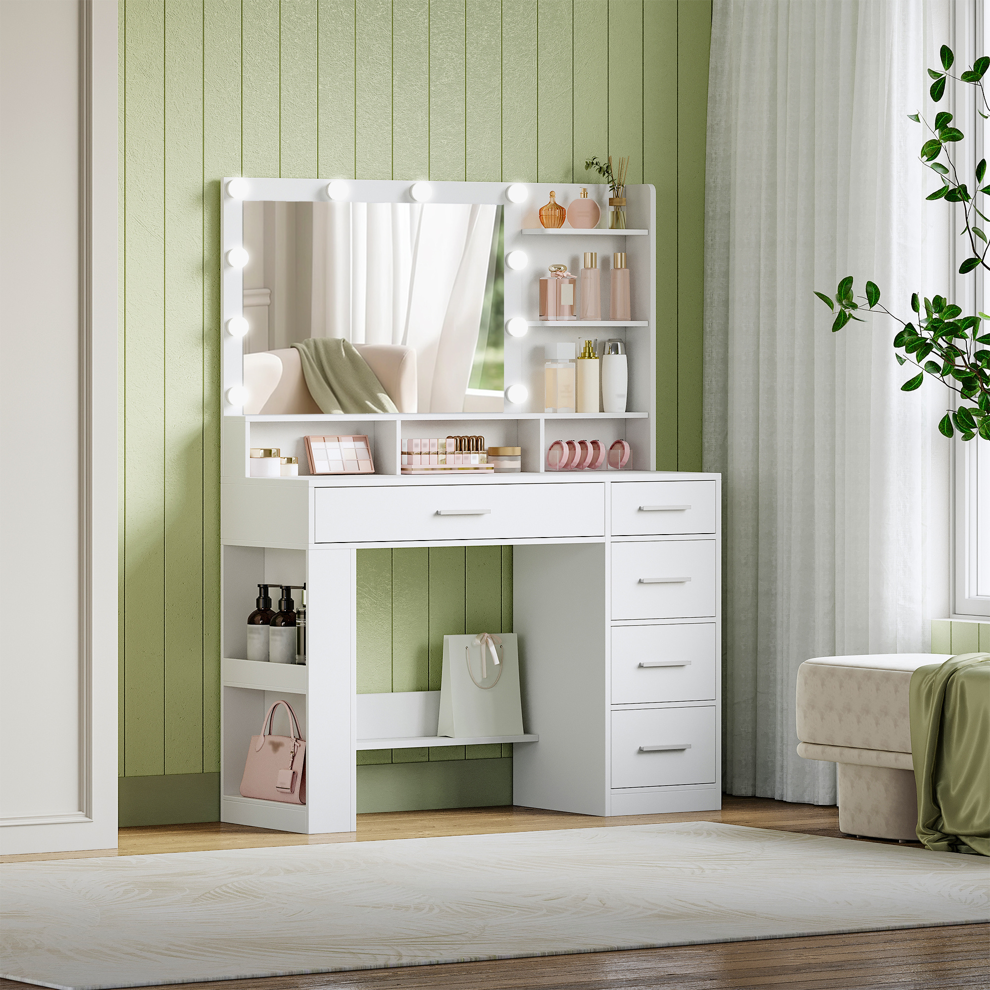 Makeup Vanity With Large Hd Mirror, Dressing Table With Led Lights, 6 Open Compartments, 5 Drawers, And Side Open Storage Space, Bedroom Dressing Room, Simple, White