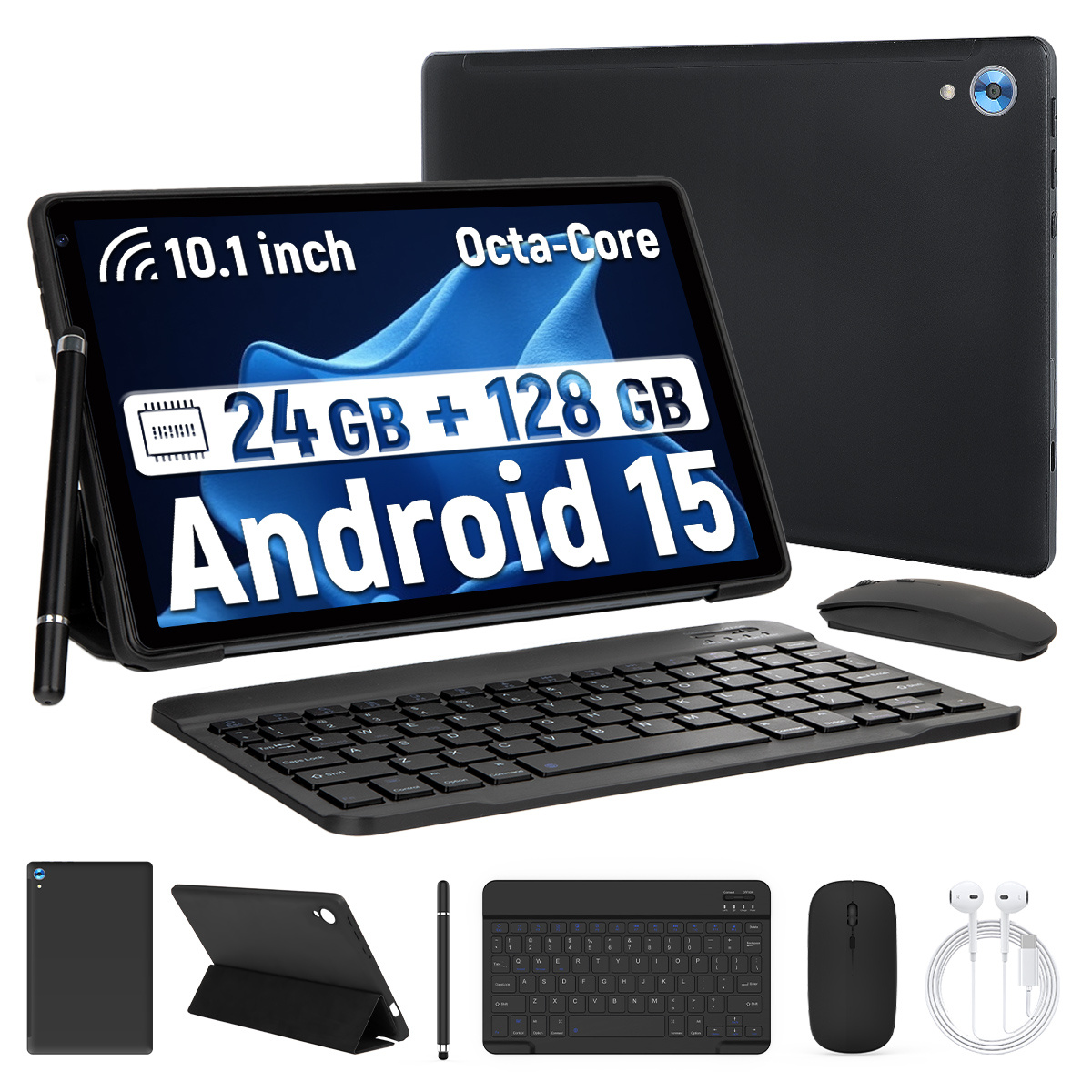 10.1 Inch Android 15 Tablet, Android Tablet, 24 (4+20)GB RAM, 128GB ROM,1TB Expandable, Face lD Unlock, Octa-Core, 5000mAh Battery, 5MP+8MP Dual Cameras, Keyboard,Mouse,Case,Stylus pen, NEW Tablet, Black