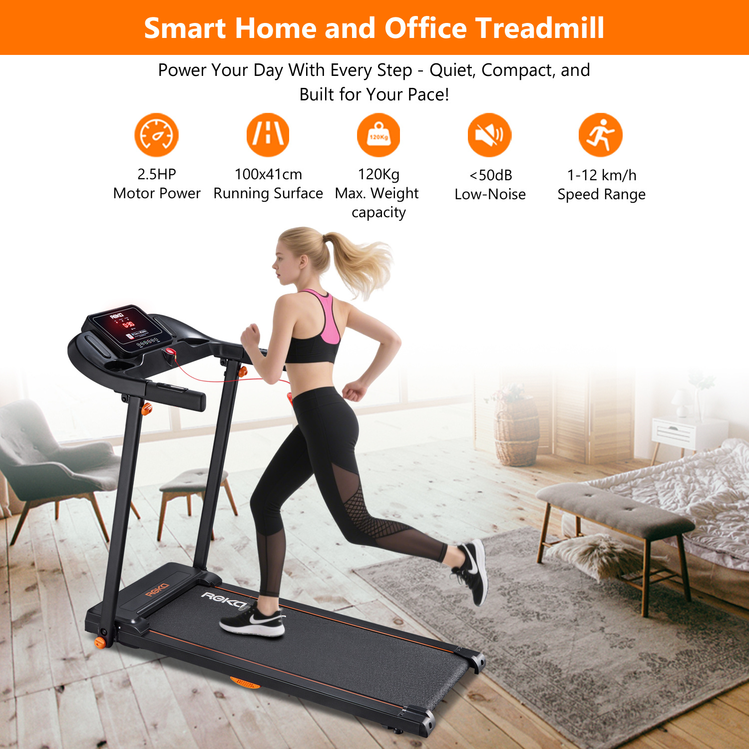 REKA Fitness Walking Pad / Running Treadmill – 2.5HP, 12 km/h Speed, Heart Rate Pulse Sensors, Dual Speakers and APP Control – Home or Office