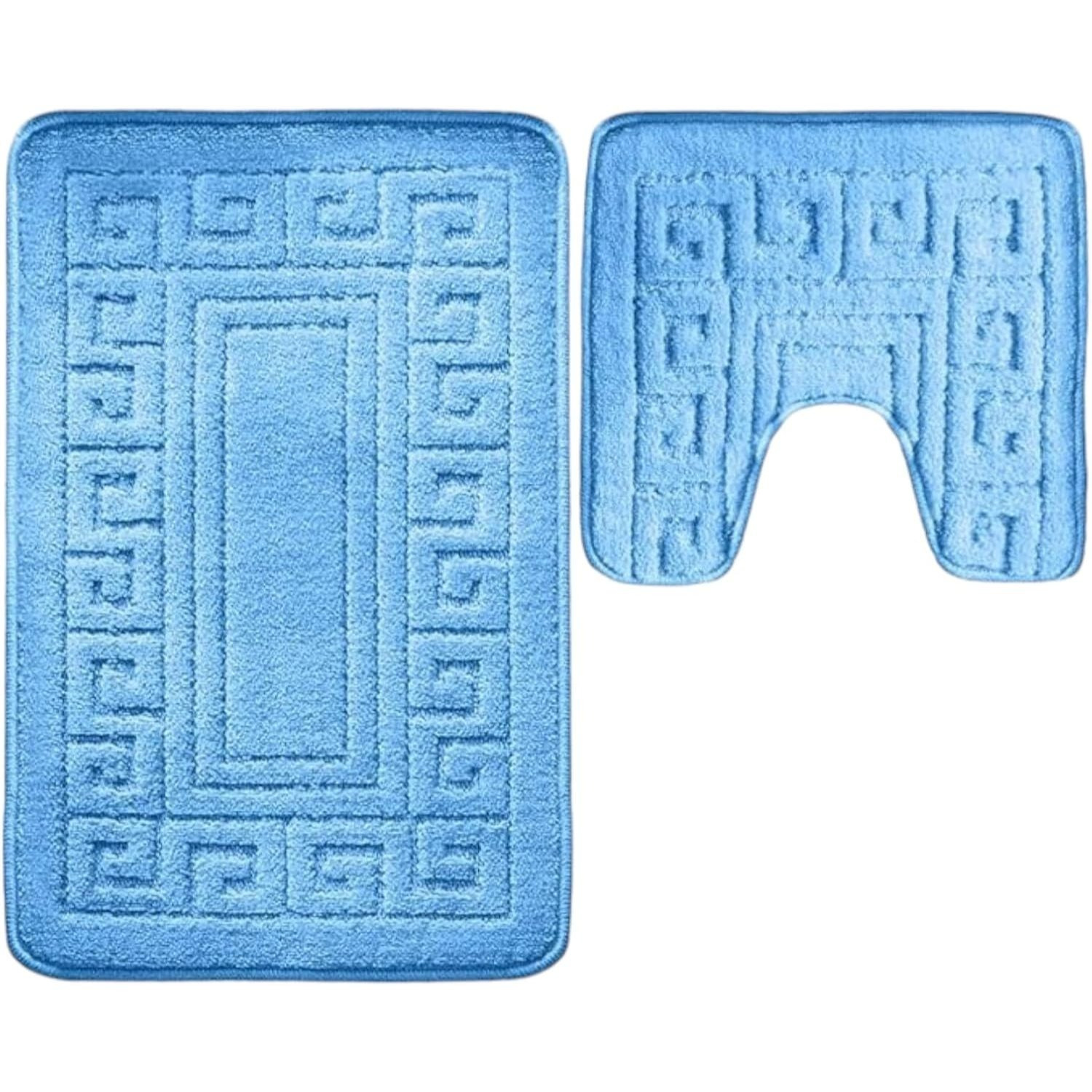 TEMU Luxury 2-piece Greek Bath Mat Set – 50x80cm – Non-slip Toilet Bathroom Rug & Toilet Pedestal Mat, , Water Absorbent, Machine Washable Floor Mats