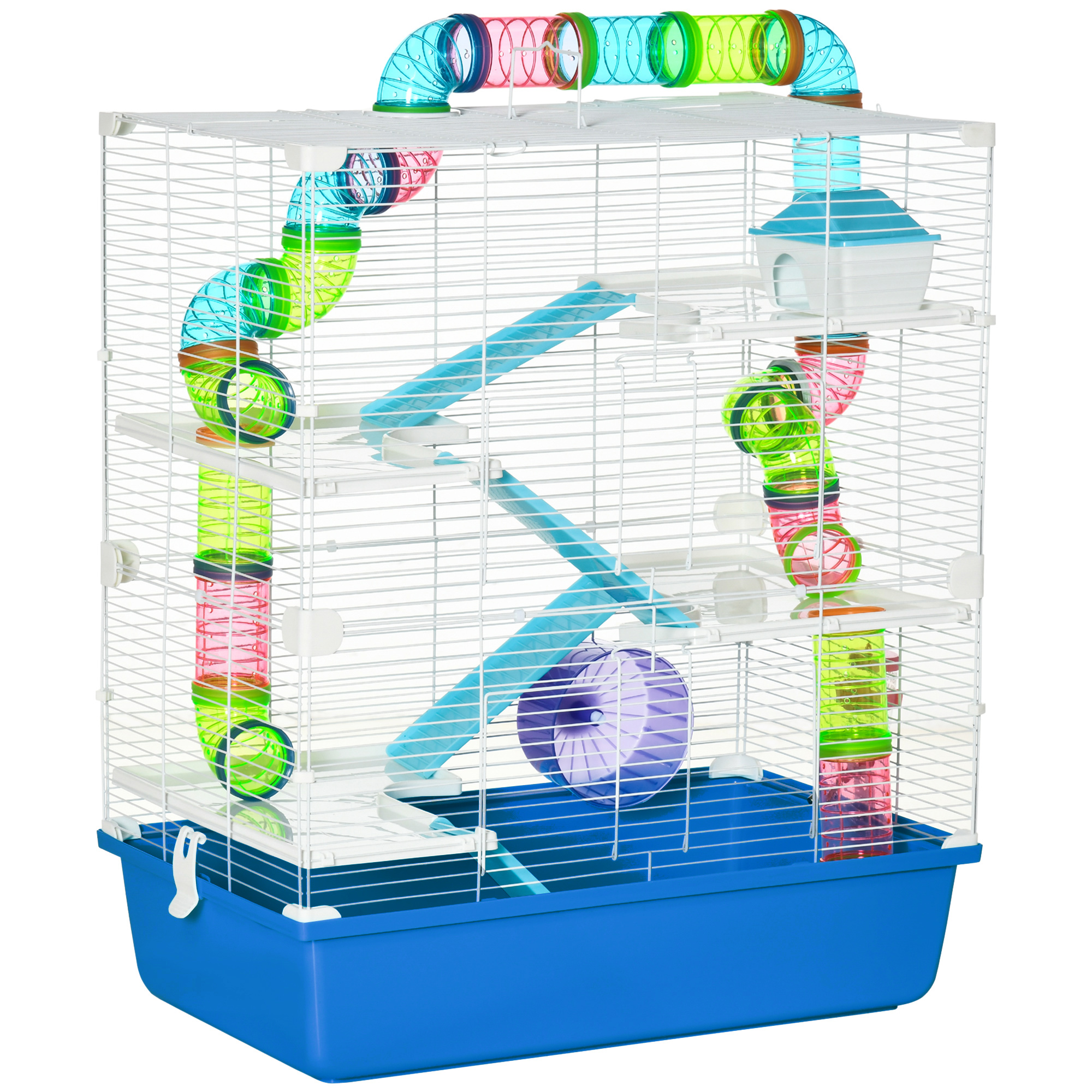TEMU PawHut Jaula para Hámster 59x36x69 cm Casa para Animales Pequeños con Plataformas Cuenco Bebedero Casita Rampas y Rueda de Ejercicio Azul