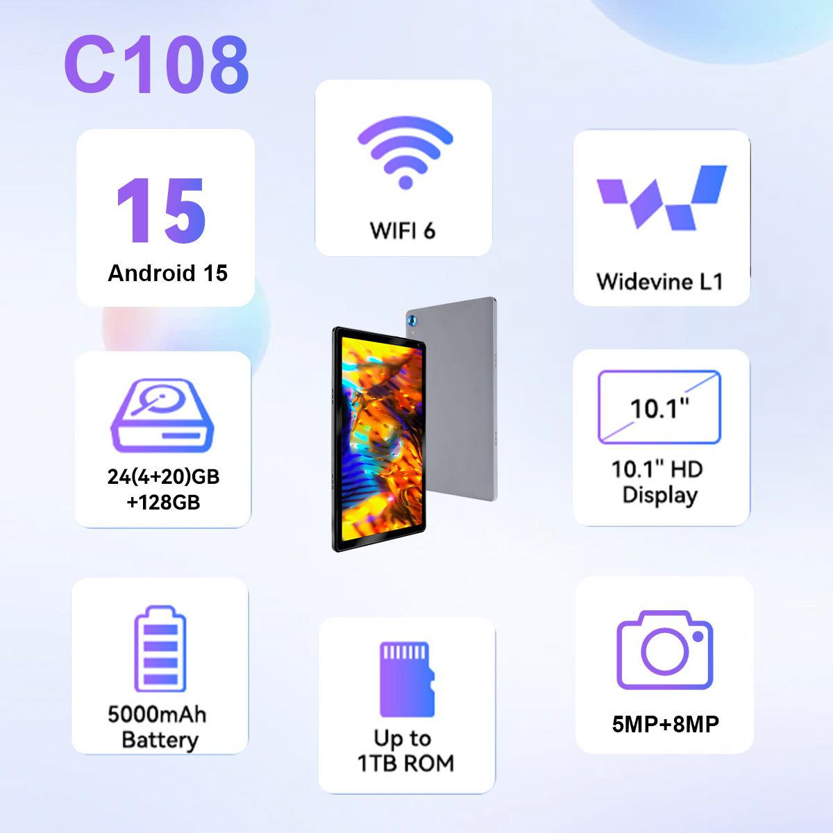10.1 Inch Android 15 Tablet, Android Tablet, 24 (4+20)GB RAM, 128GB ROM,1TB Expandable, Face lD Unlock, Octa-Core, 5000mAh Battery, 5MP+8MP Dual Cameras, Keyboard,Mouse,Case,Stylus pen, NEW Tablet, Black