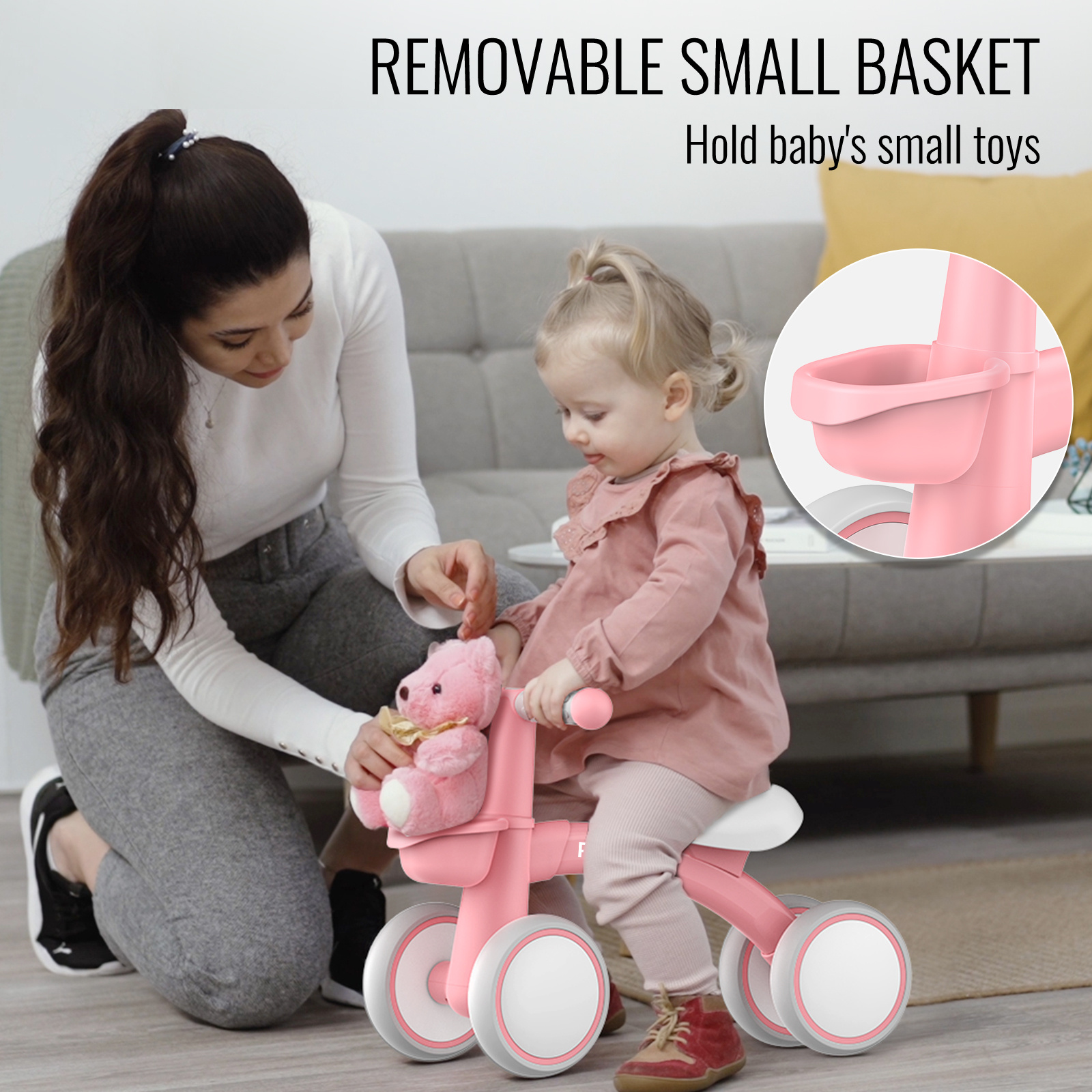 Baby Loopfiets met Mand, Loopwagen voor Baby's van 12-24 Maanden, 135° Beperkte Stuurvoering Voorkomt Zijwaarts Vallen Ontwerp, Baby's Schuiffiets voor Binnen en Buiten voor Jongens Meisjes, voor 1 Jaar Oude Verjaardag, Groen/Roze/Zwart