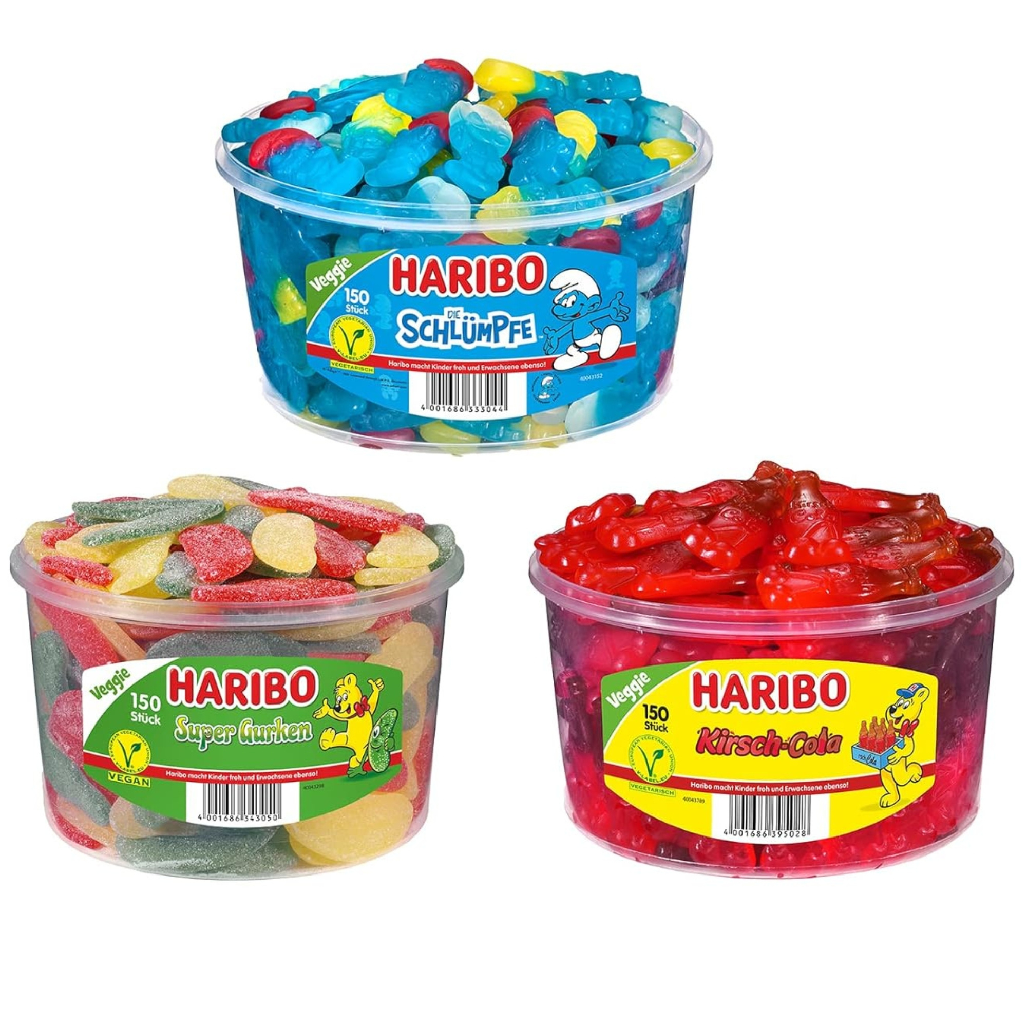 E-shop Mischpaket 3er Set Haribo 1x Schlümpfe 1,35kg + 1x Super Gurken 1,35kg + 1x Kirsch Cola 1,35kg | Gesamtinhalt 4,05kg | Für Kinder das Büro oder