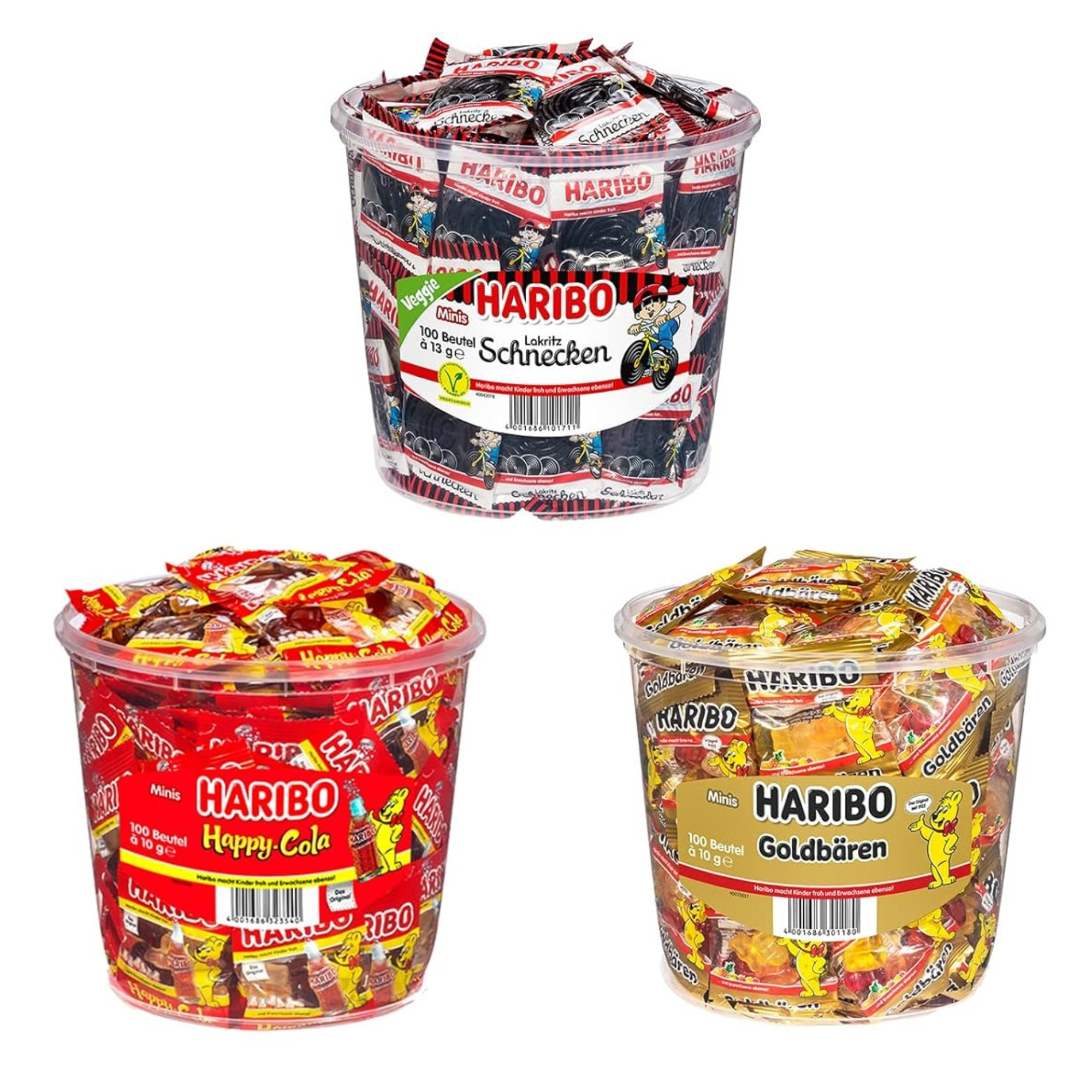 E-shop Haribo Mischpaket Minibeutel 1x Goldbären 1kg + 1x Lakritz Schnecken 1,3kg + 1x Cola 1kg | Gesamtinhalt 3,3kg | Als Set für Freunde Party oder