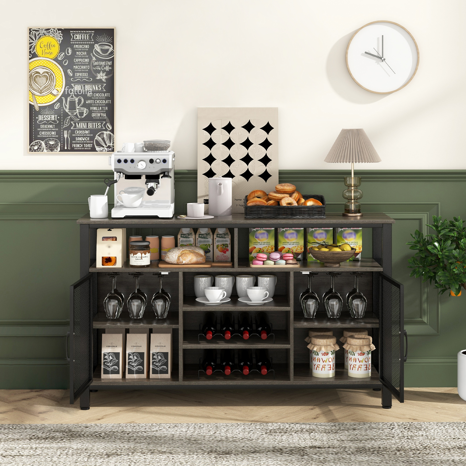 Wine Bar Cabinet, 55-inch Buffet Sideboard With 8-bottle Wine Racks & 6 Of Wine Glass Holders, Coffee Station Cabinet With Metal Mesh Doors, For Kitchen, Dining Room & Living Room, Gray