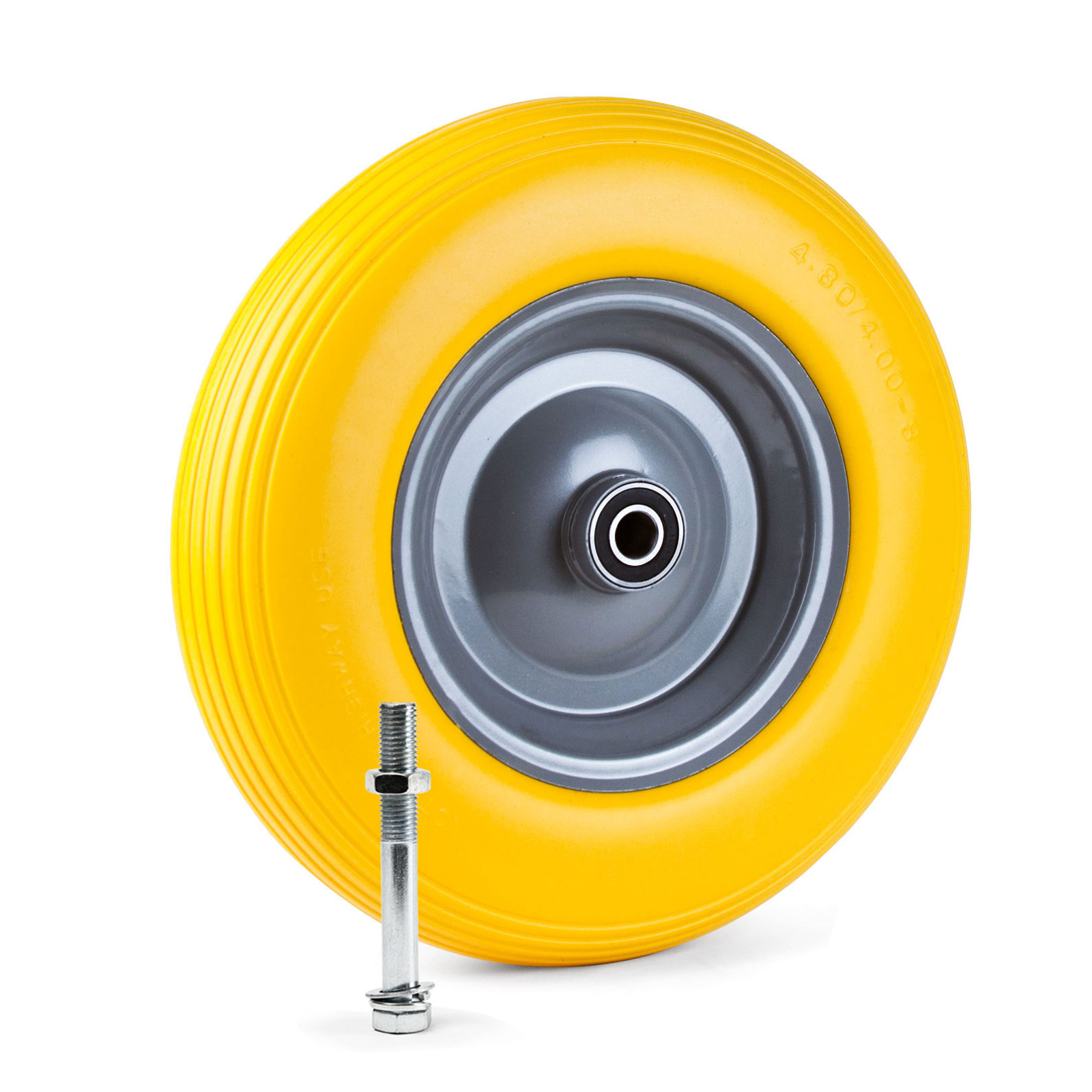Wheelbarrow Wheel, Puncture-proof Full Rubber, 4.80/4.00-8 Ø 390mm, Steel Rim, 180 Kg Load Capacity, Including Axle, Wheelbarrow Replacement Wheel Pu Tire Yellow