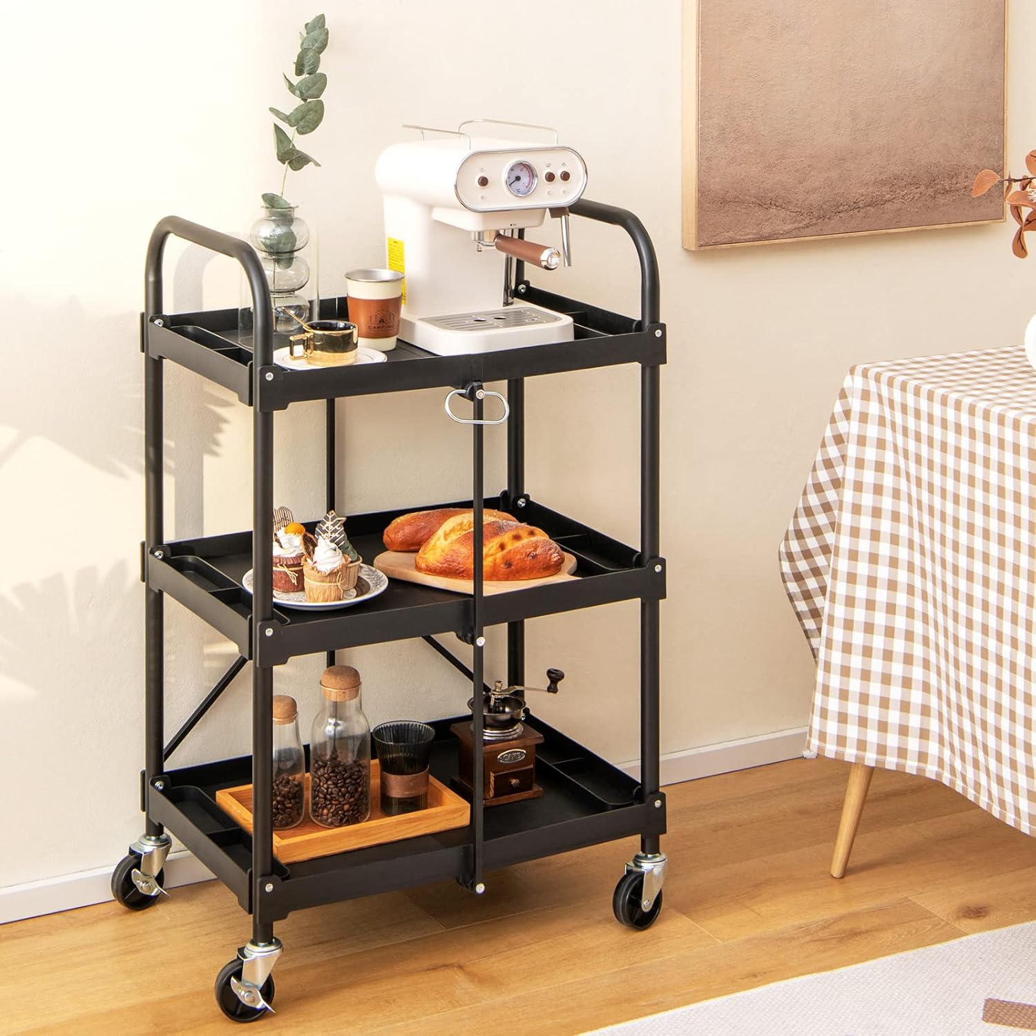 Image of 3-tier Folding Trolley Cart, Heavy Duty Tool Cart W/ Universal Wheels & Handrails, Rolling Storage Organizer, Portable Utility Cart For Warehouse, Workshop, Office, Home, Black