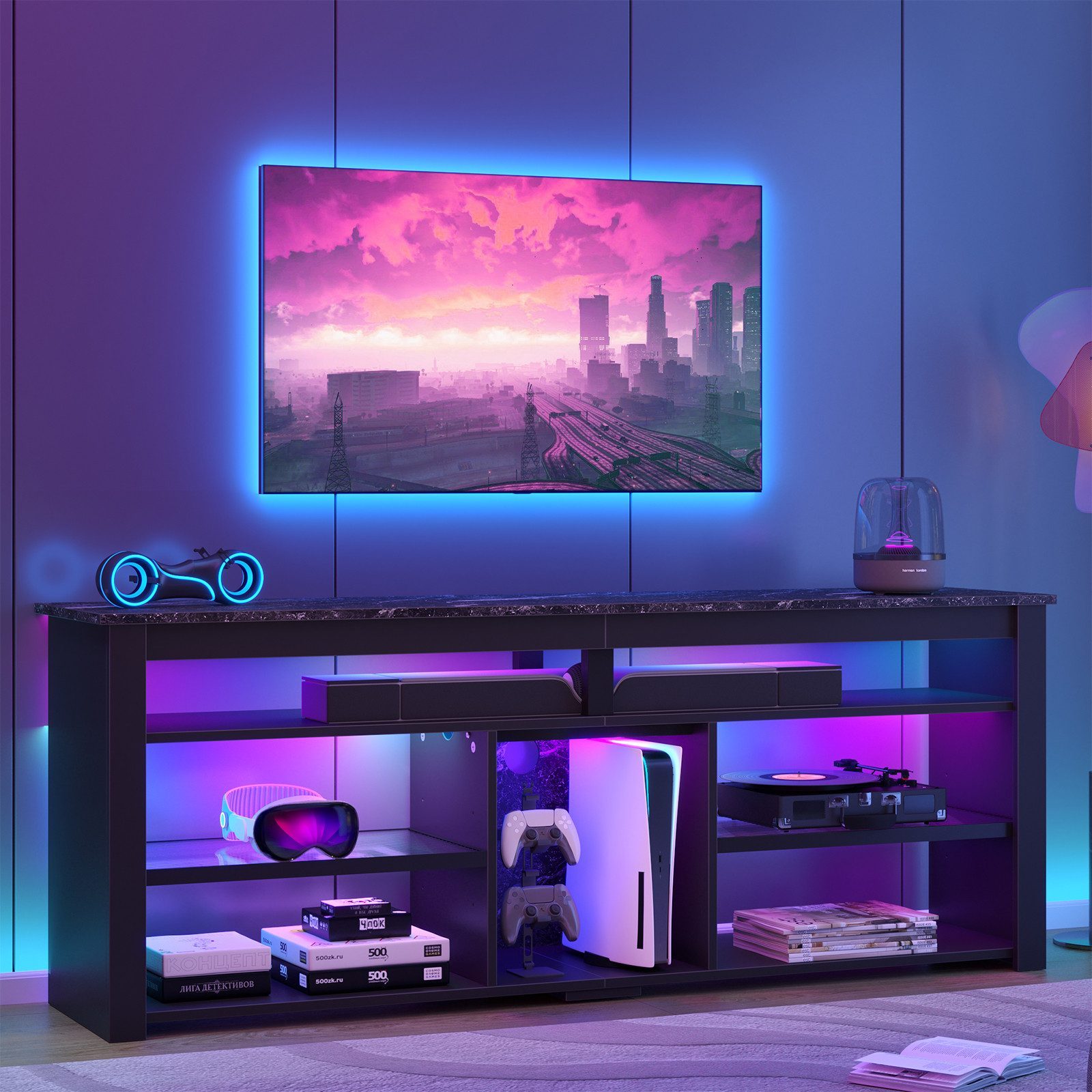 Image of Bestier Tv Cabinet, Tv Stand, Low Cabinet With Open Compartment, Fits Tvs Up Inches, Storage Space, Suitable For Living Rooms And Entertainment Areas