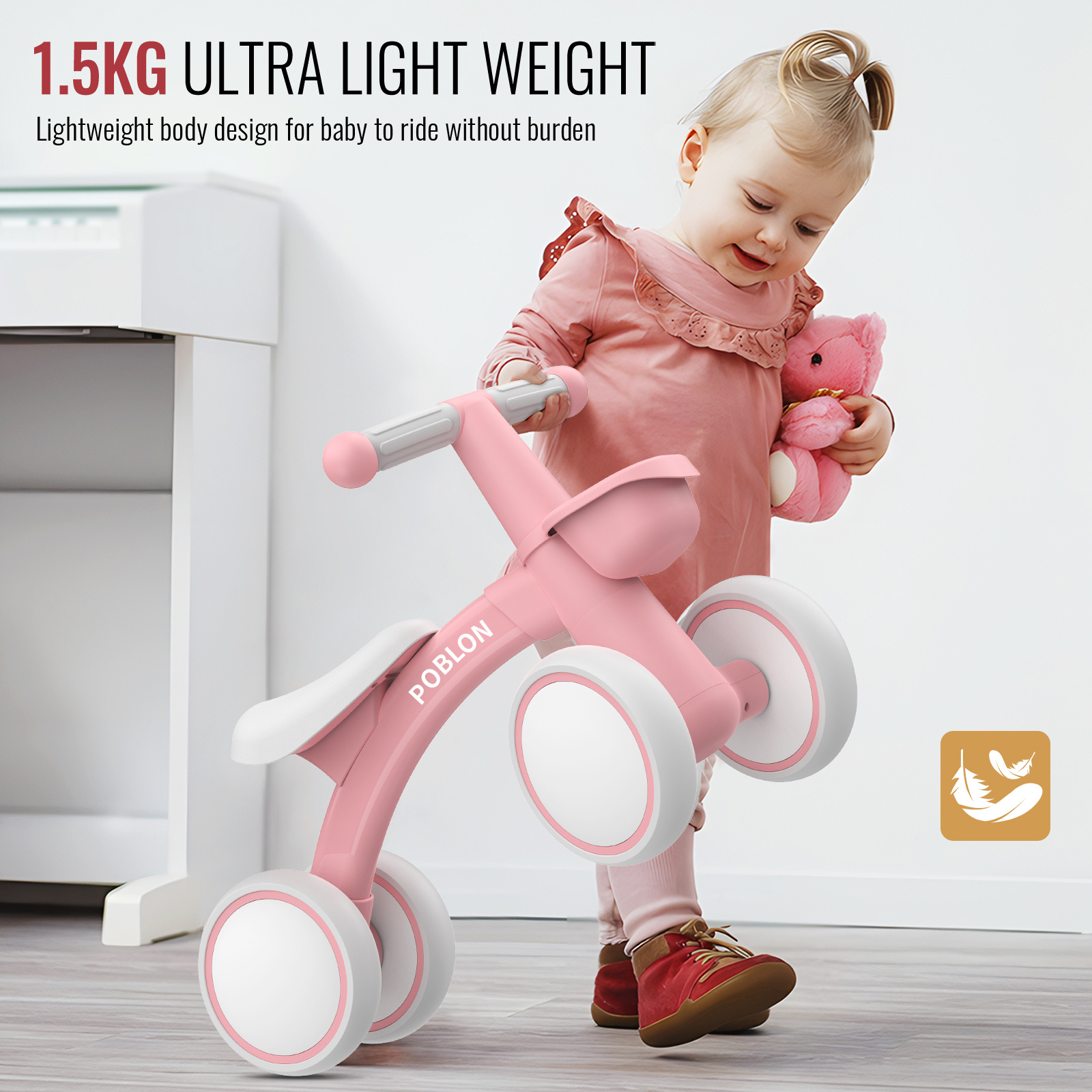 Baby Loopfiets met Mand, Loopwagen voor Baby's van 12-24 Maanden, 135° Beperkte Stuurvoering Voorkomt Zijwaarts Vallen Ontwerp, Baby's Schuiffiets voor Binnen en Buiten voor Jongens Meisjes, voor 1 Jaar Oude Verjaardag, Groen/Roze/Zwart