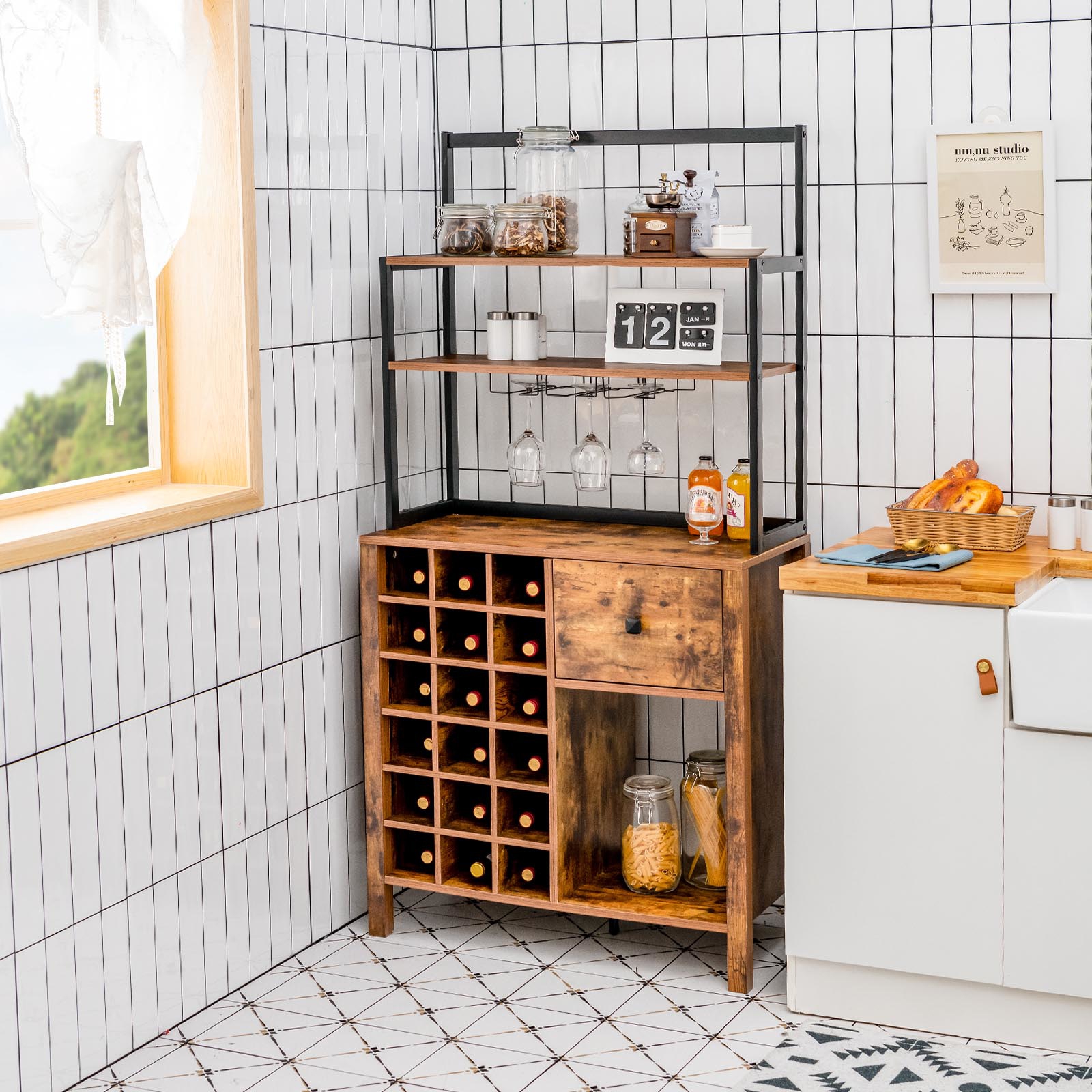 Image of Freestanding Kitchen Cabinet With Wine Rack & Drawer, 4-tier Bakers Rack W/ Wine Glass Holder, Microwave Oven Stand For Kitchen, Dining Room, Living Room
