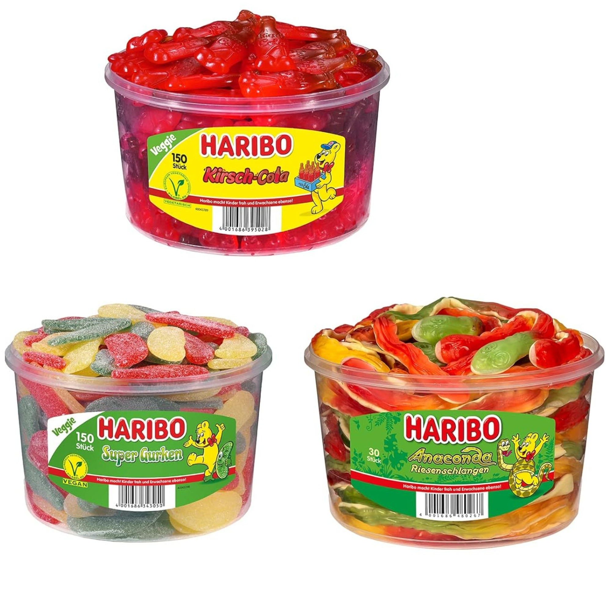 E-shop Mischpaket 3er Set Haribo 1x Kirsch Cola 1,35kg + 1x Anaconda Riesenschlangen 1,2kg + 1x Super Gurken 1,35kg | Gesamtinhalt 3,9kg | Für Kinder