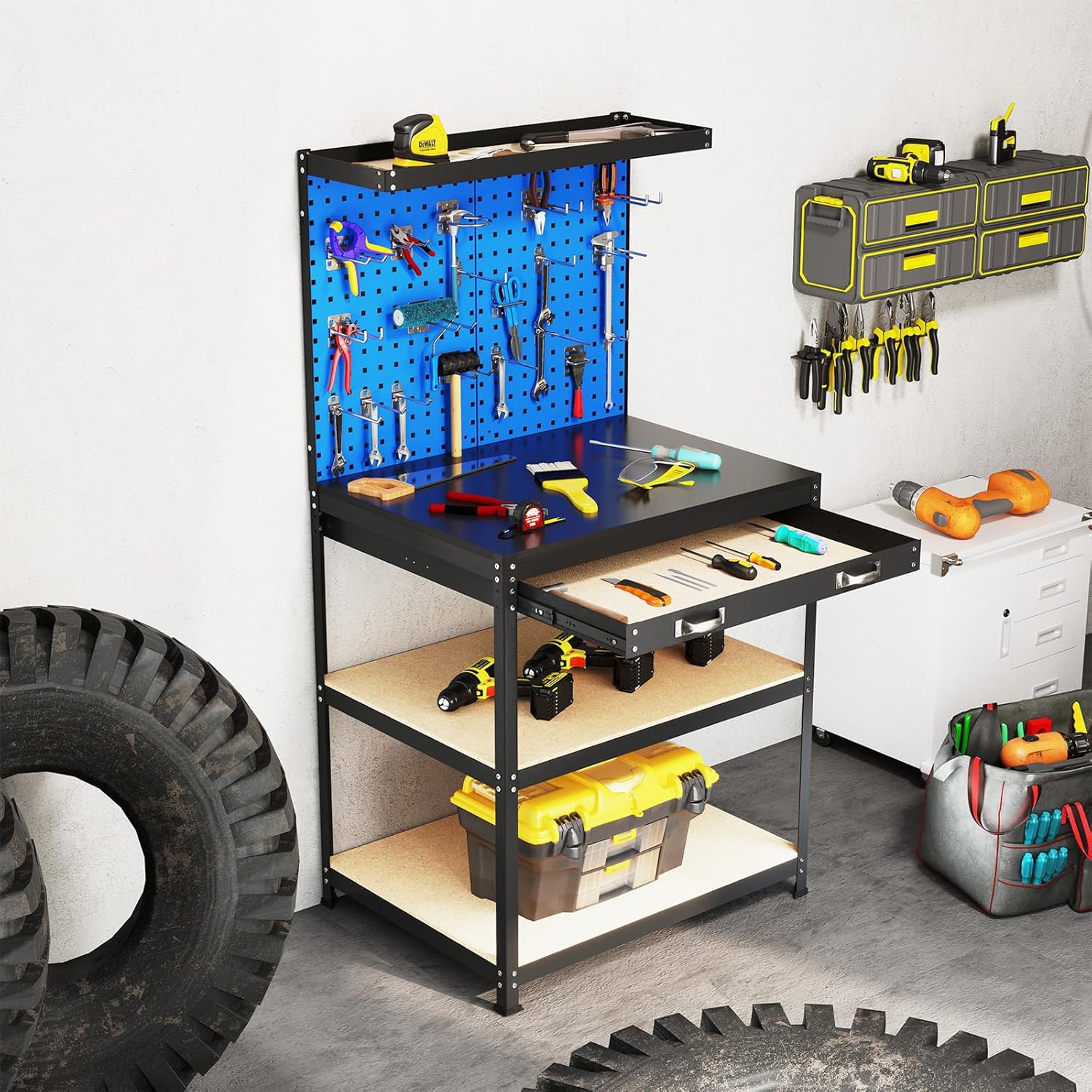32" X 16" Workbench, 495 Lbs Heavy-duty Work Table W/ 2pcs Pegboard, Drawer & Shelves, 20 Hanging Hooks, Metal Tool For Home, Garage, Workshop