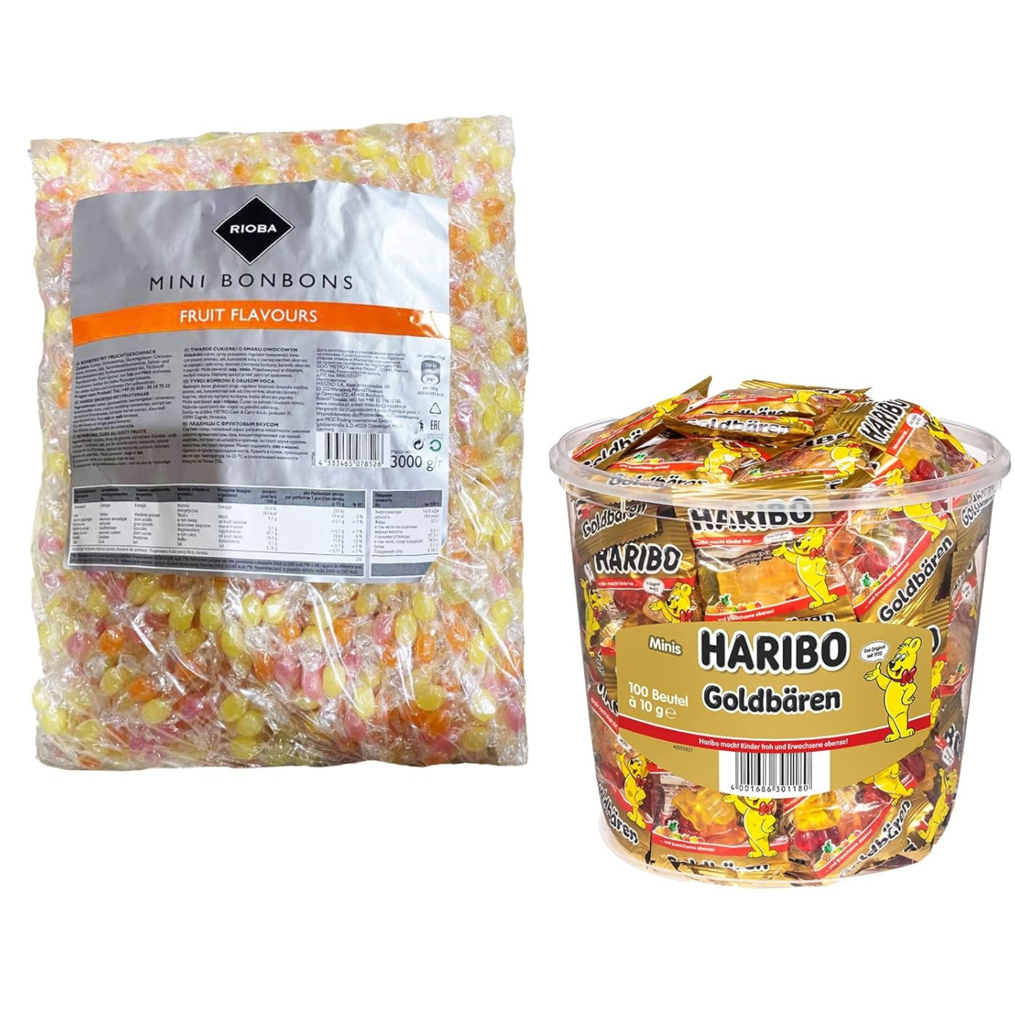 Haribo Gold Bears Mini Bags 1kg + Rioba Mini Bonbons 1kg | Total Content 2kg | Various Flavors For Kids' Party Or Office In The Candy Set