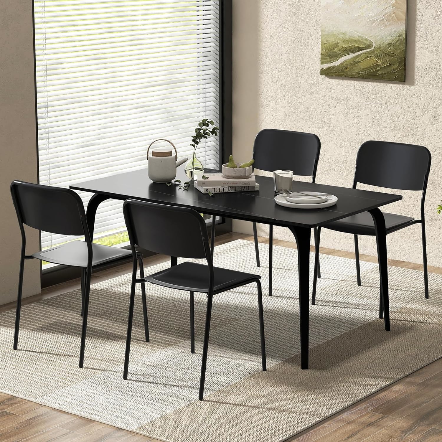Image of Modern Dining Chairs Set Of 4, Stackable Kitchen Chairs W/ Tilted Backrest & Sturdy Metal Legs, Indoor & Outdoor Plastic Armless Side Chairs Set For Dining Room Living Room Restaurant, Black