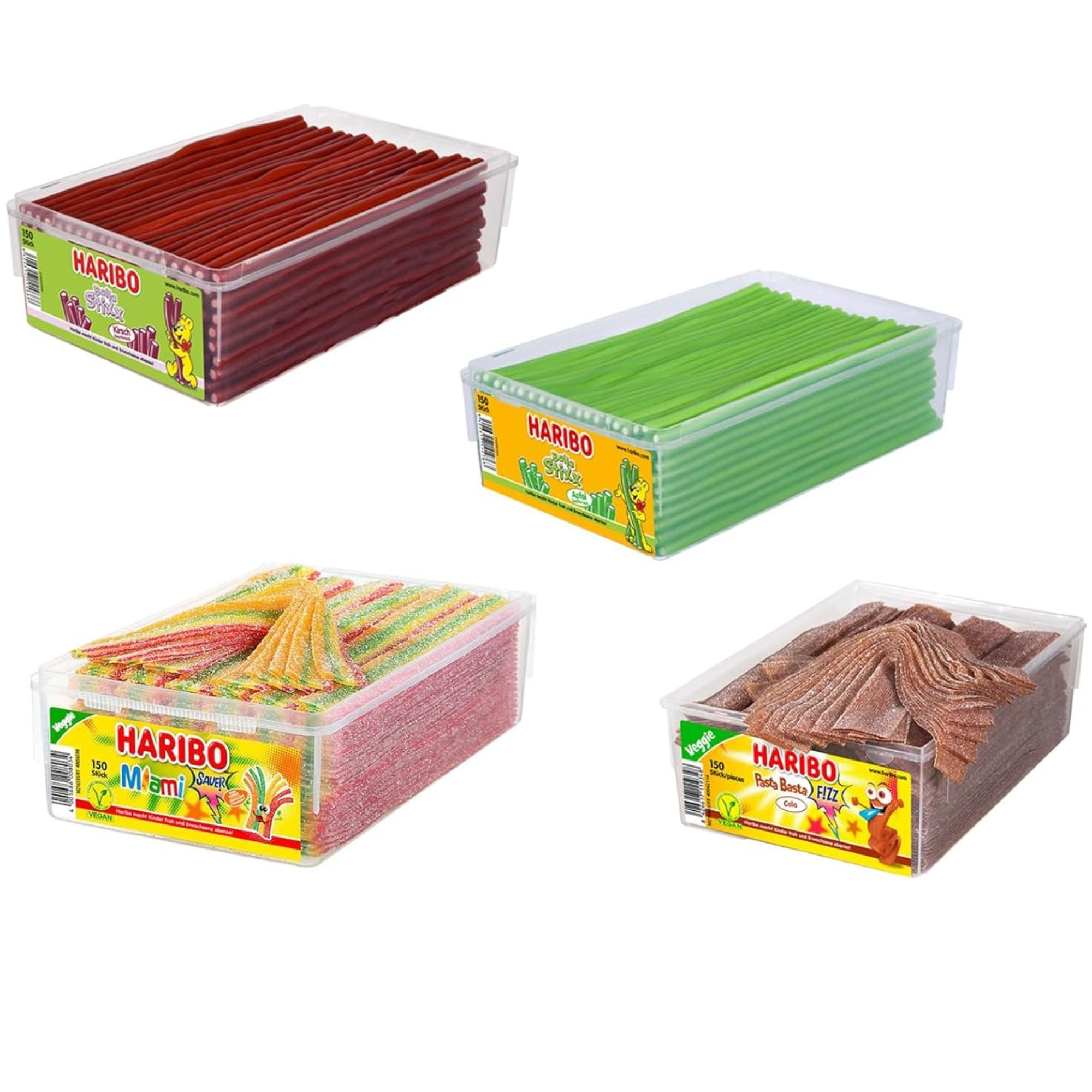 Image of Haribo Gummies 4-pack Assortment: 1x Cherry 1125g + 1x 1125g + 1x Cola 1125g + 1x Miami 1125g | Total Weight 4500g | Perfect For , Parties, Or Office Candy