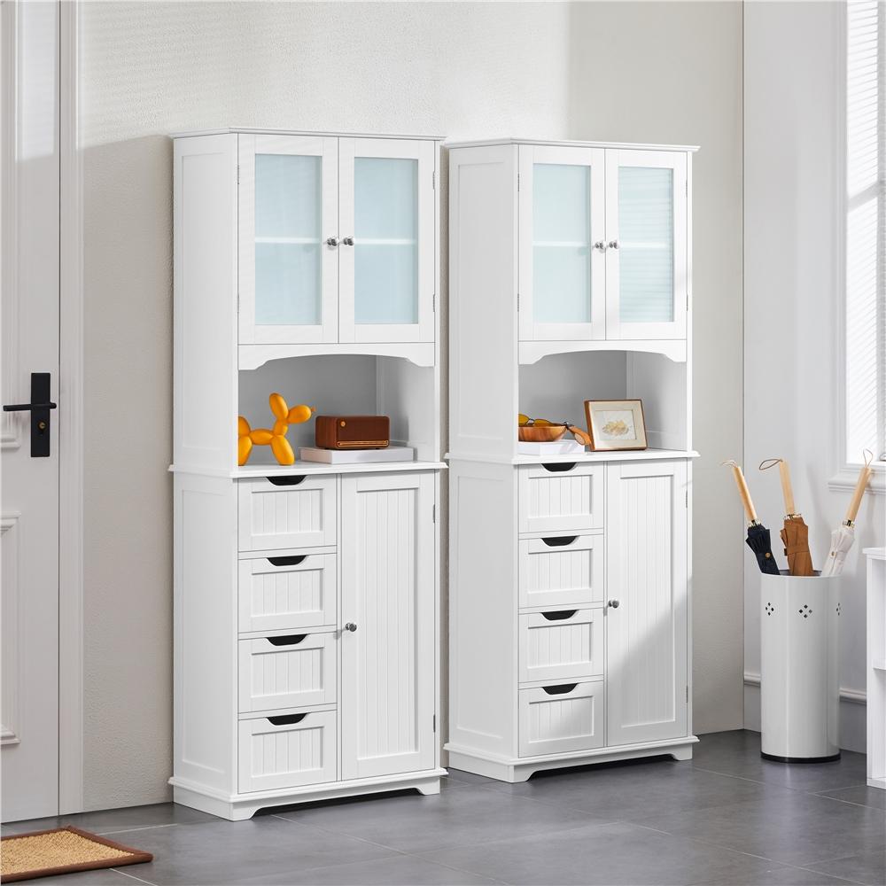 E-shop Costoffs Badezimmerschrank Badschrank mit Glastüren & 1 Offenem Ablagefach & 4 Schubladen & Hochschrank mit Verstellbarem Einlegeboden