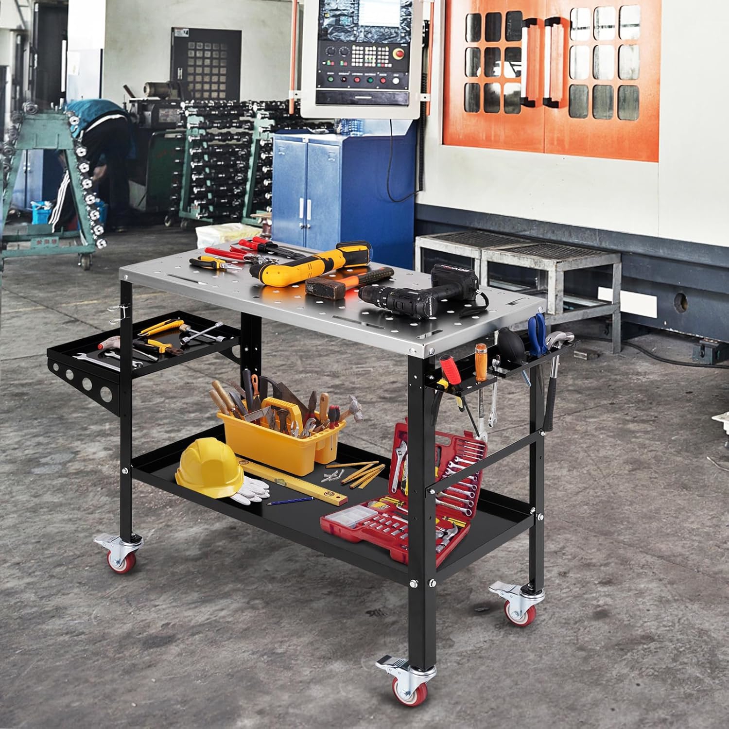 Image of 36" X 18" Welding Table, 1200 Lbs Welding Workbench On Wheels W/ Tool Rack & Tray, 5/8" Fixture Holes, 8 Tool Slots & 2 Welding Nozzle Holders, 4 Lockable Wheels