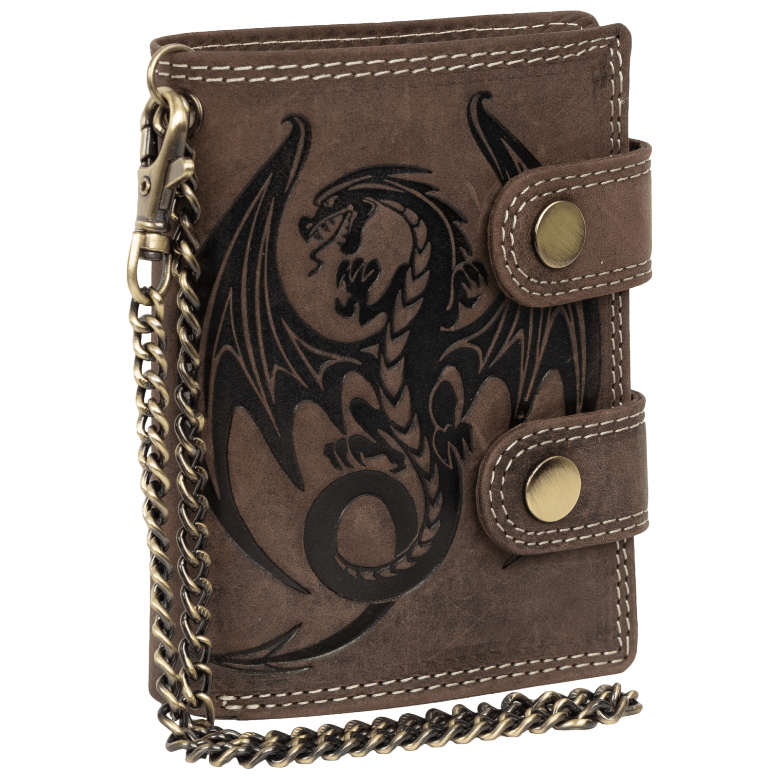 Image of Men's Rfid Buffalo Real Leather Wallet 6 Card Slots With Embossed Motif And Chain Brown Vertical Format Dragon Motif Dimensions: 12.5 X 9.5 X 2 Cm ( X D)