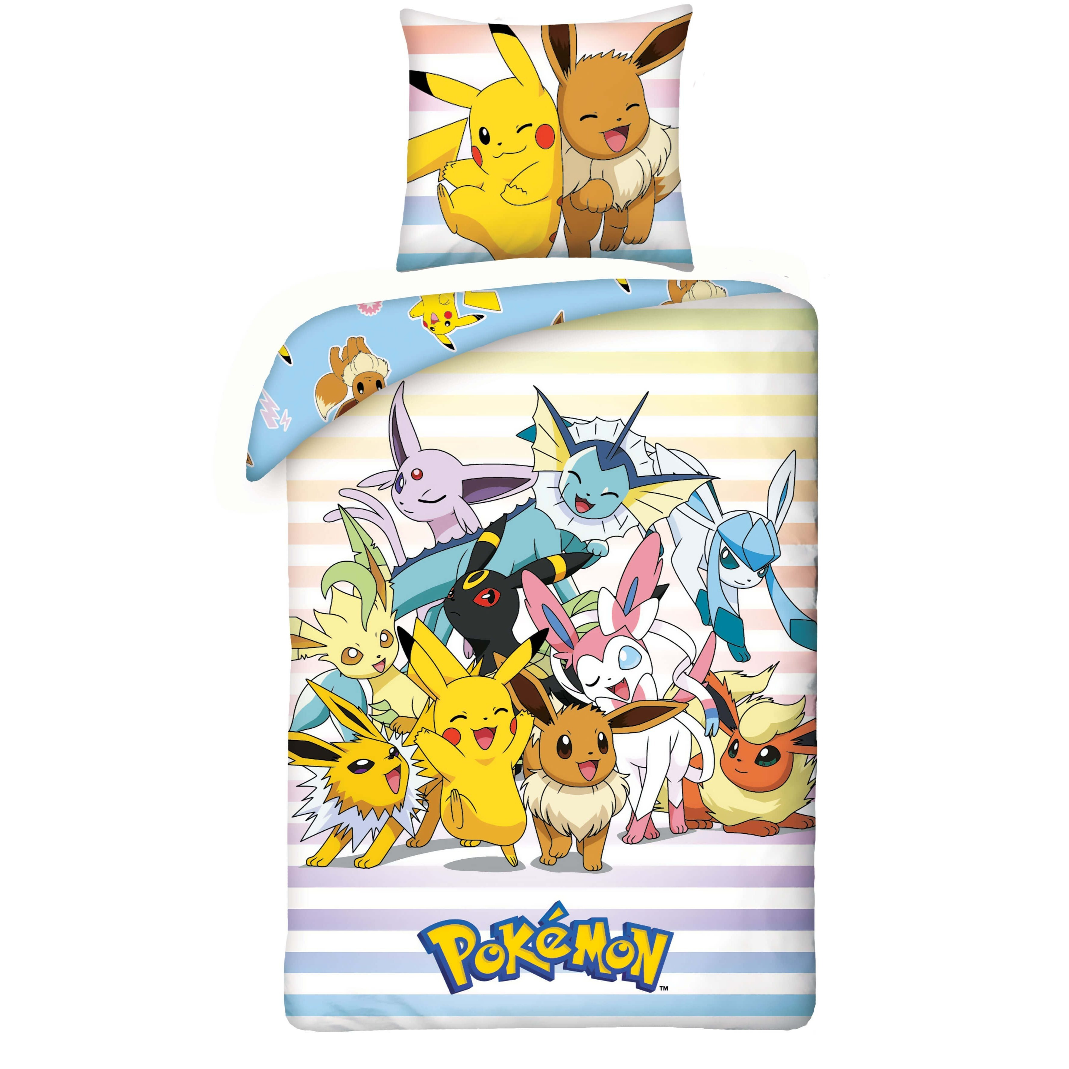 Pikachu Reversible Bedding Set - Duvet Cover 135x200 Cm, Pillowcase 80x80 Cm, German Size, 100% Cotton, Kids Bedding