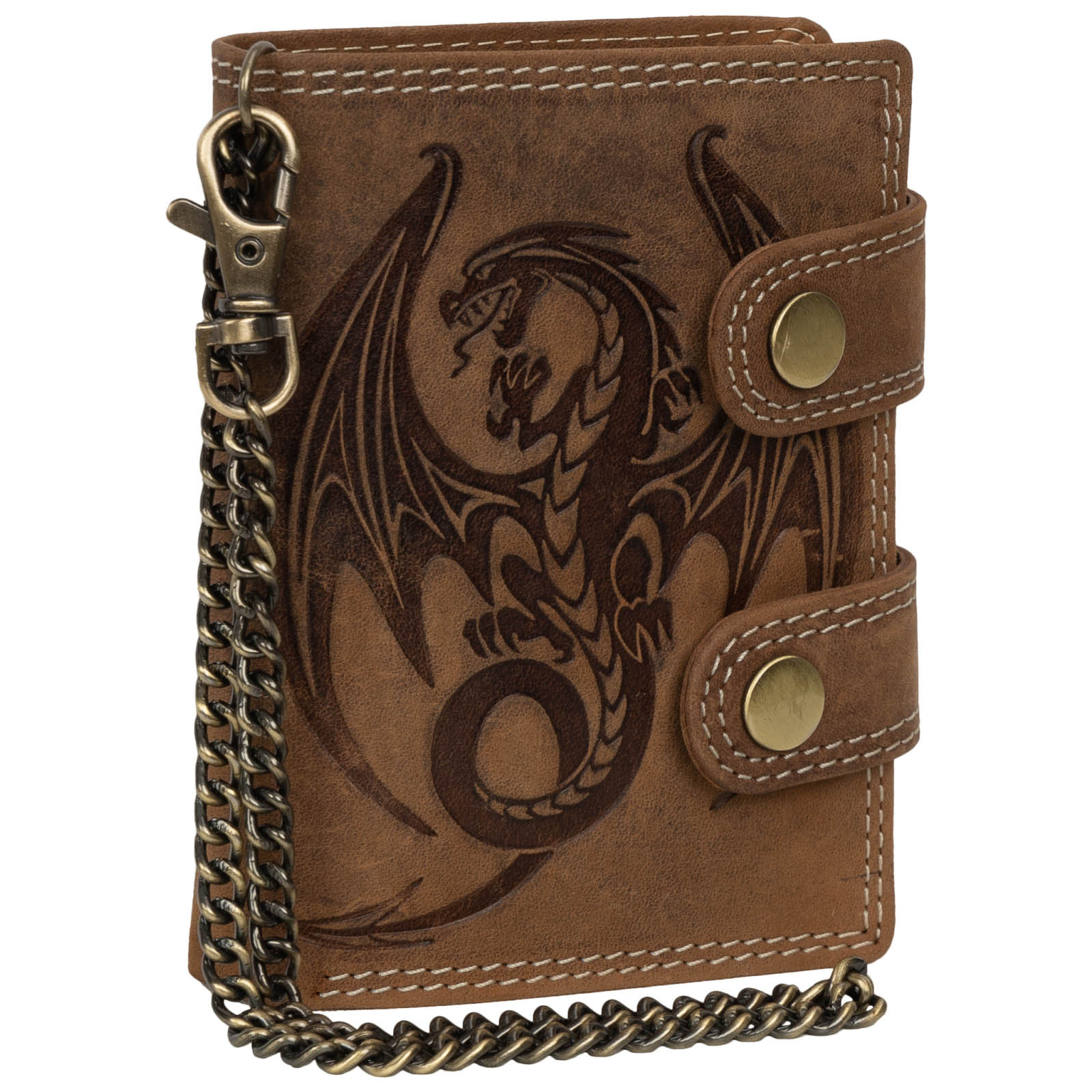 Rfid Buffalo Genuine Leather Men's Wallet With Embossed Dragon Motif And Chain, Tan, Portrait Orientation