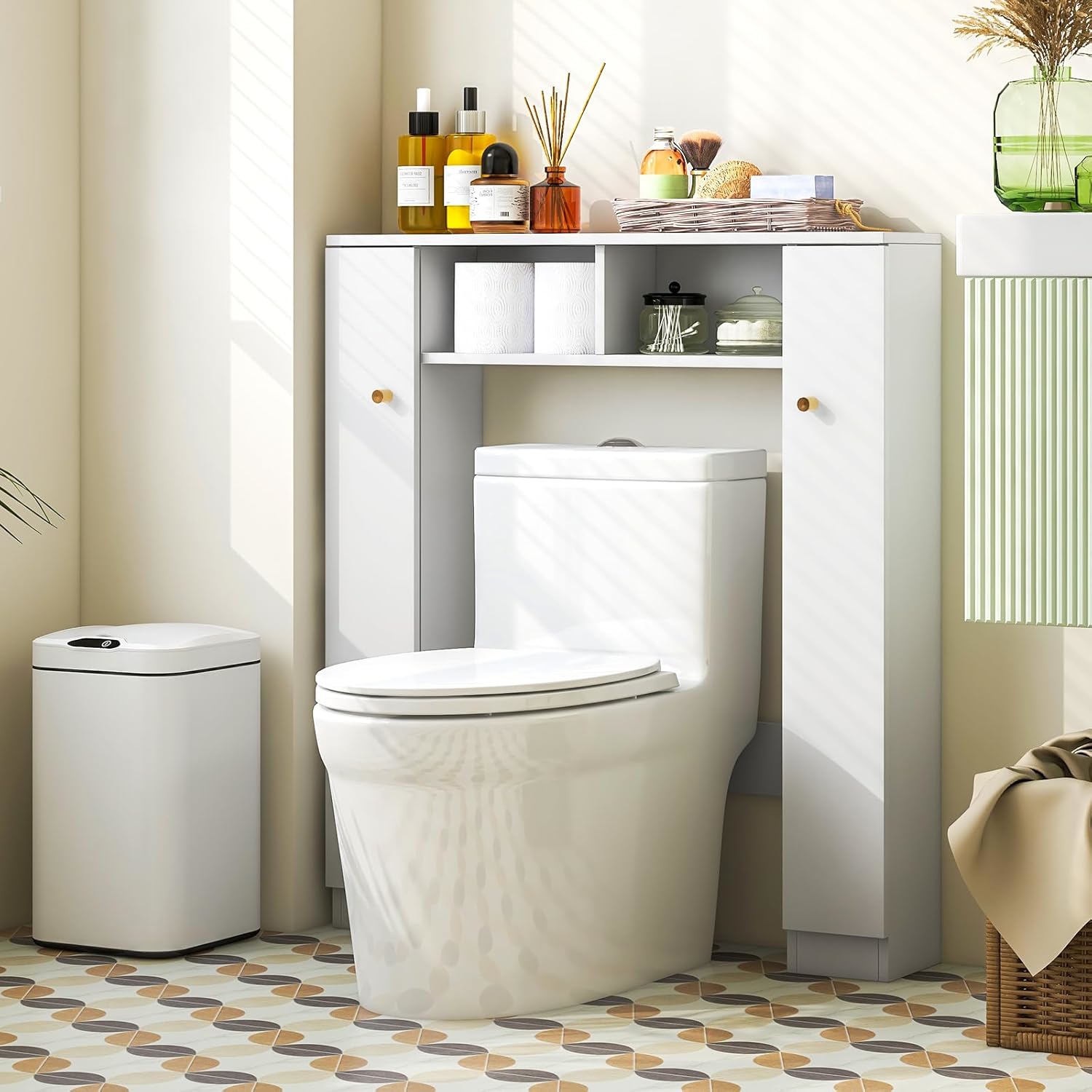 Image of Over The Toilet Storage Cabinet, Double Door Bathroom Toilet Storage Organizer W/ 2 Open Compartments & 4 Adjustable Shelves, Freestanding Laundry Room Storage Rack, White