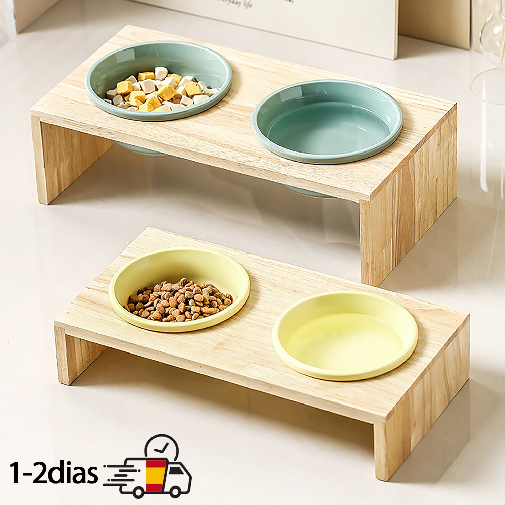 TEMU Comedero para Mascotas para Gatos Perros con Base de Madera y Cuencos de Cerámica Extraíbles – Antideslizante, Resistente para Perros y Gatos