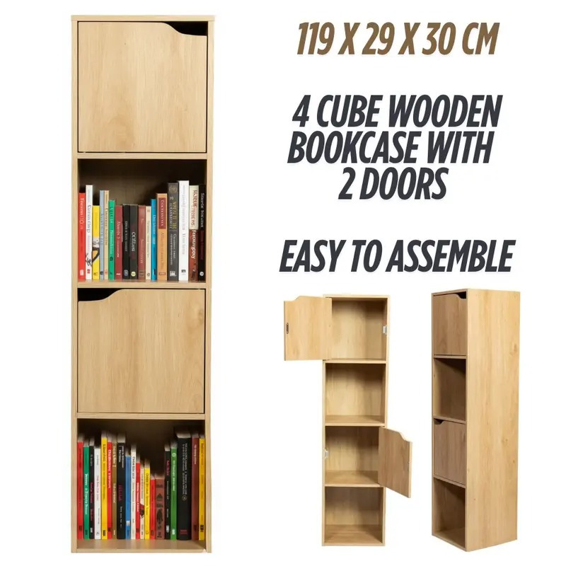 TEMU 119 X 29 X 30cm 4 Tier Cube Bookcase Display Shelving Storage Unit - Wooden Bookshelf With 2 Doors - Organiser For Living Room Bed Room Library