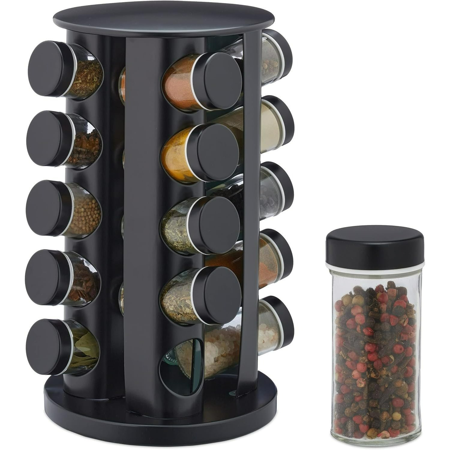 TEMU Black Round Spice Rack With 20 Round Spice Cans, 360° Rotatable Spice Carousel Made Of Stainless Steel, Spice Organizer, Vertical Spice Rack,